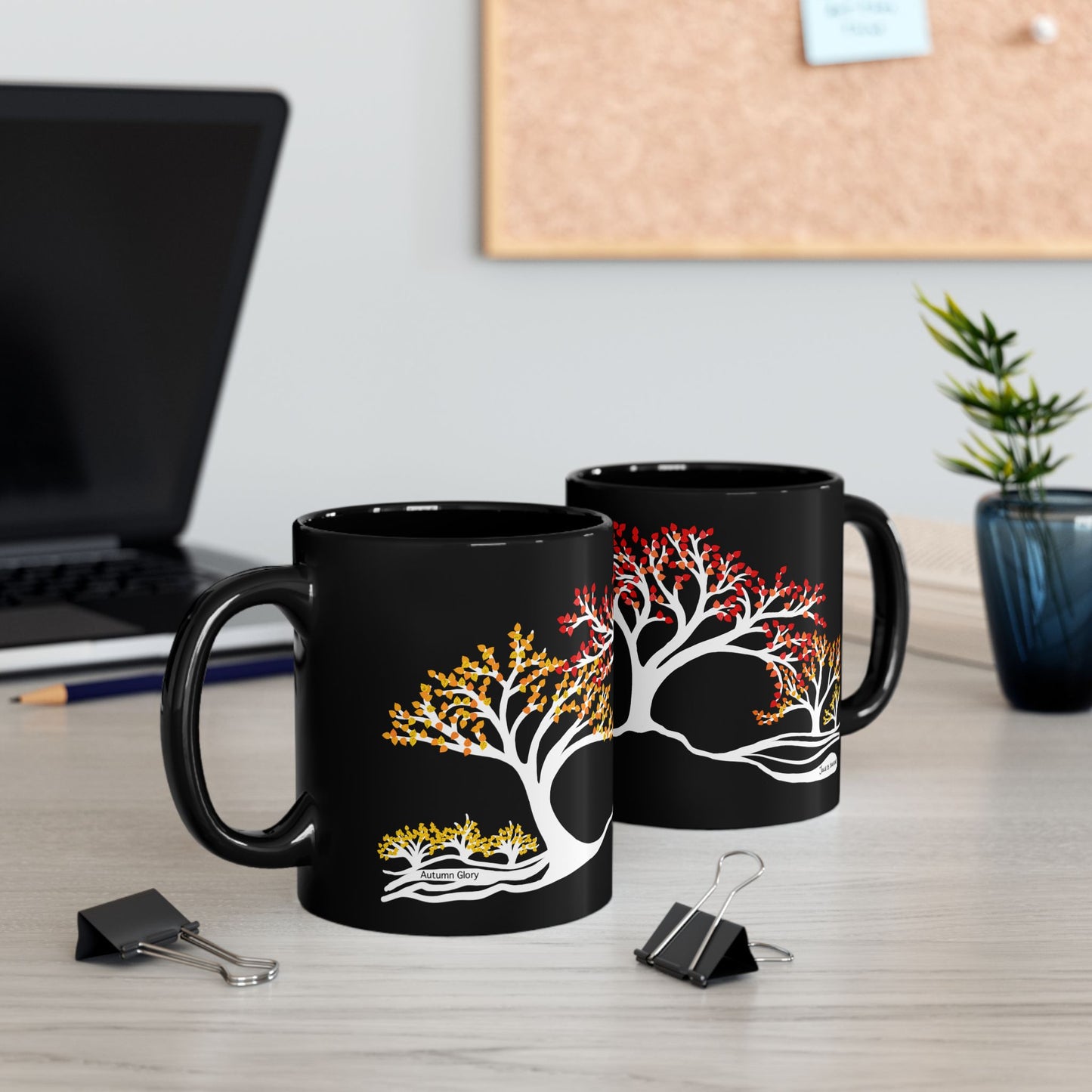 “Autumn Glory”, IMAGINE™ Series, Hand-Drawn Art Print, Black Ceramic Mug—3 of 4 Seasons Collection—15 oz or 11 oz