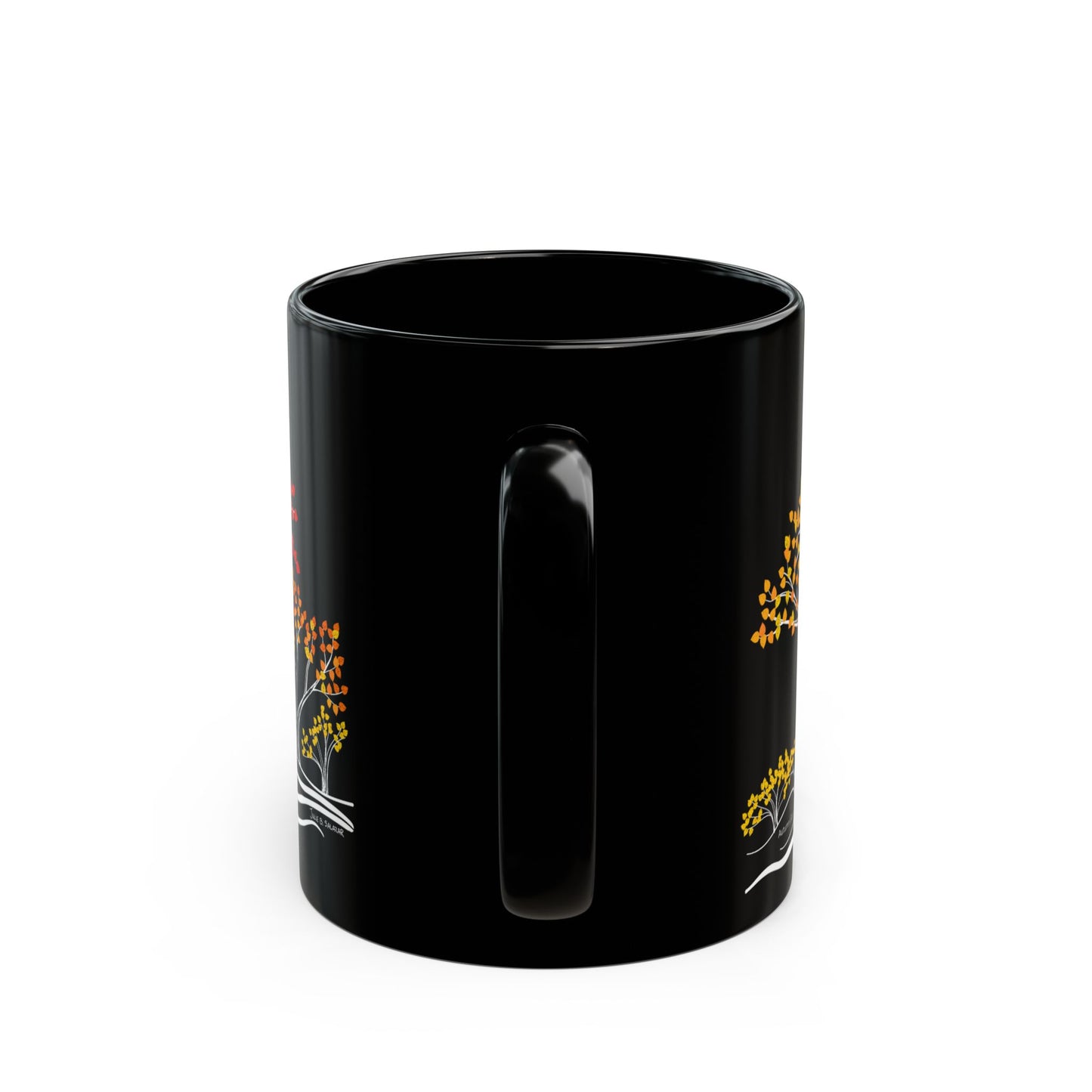 “Autumn Glory”, IMAGINE™ Series, Hand-Drawn Art Print, Black Ceramic Mug—3 of 4 Seasons Collection—15 oz or 11 oz