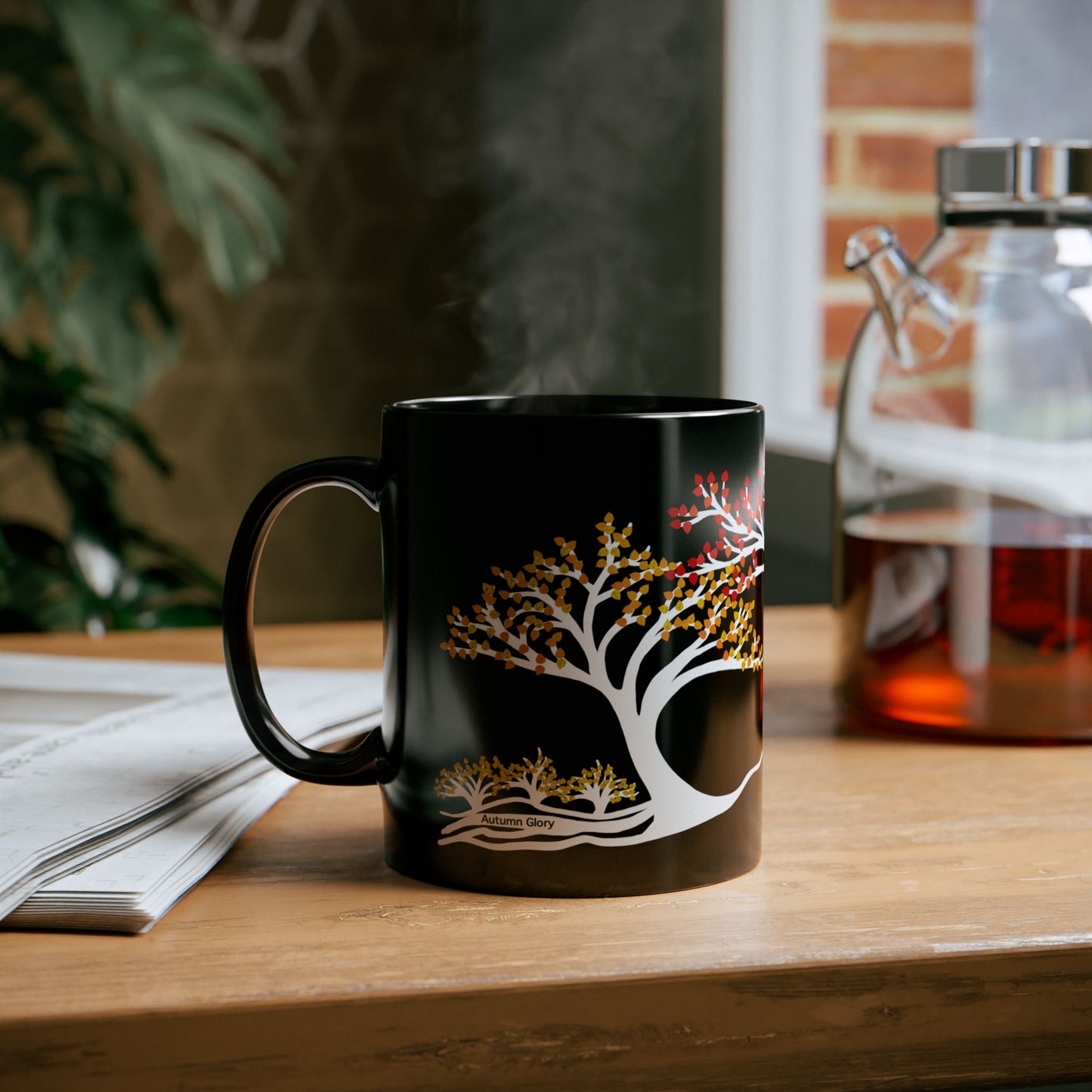 “Autumn Glory”, IMAGINE™ Series, Hand-Drawn Art Print, Black Ceramic Mug—3 of 4 Seasons Collection—15 oz or 11 oz