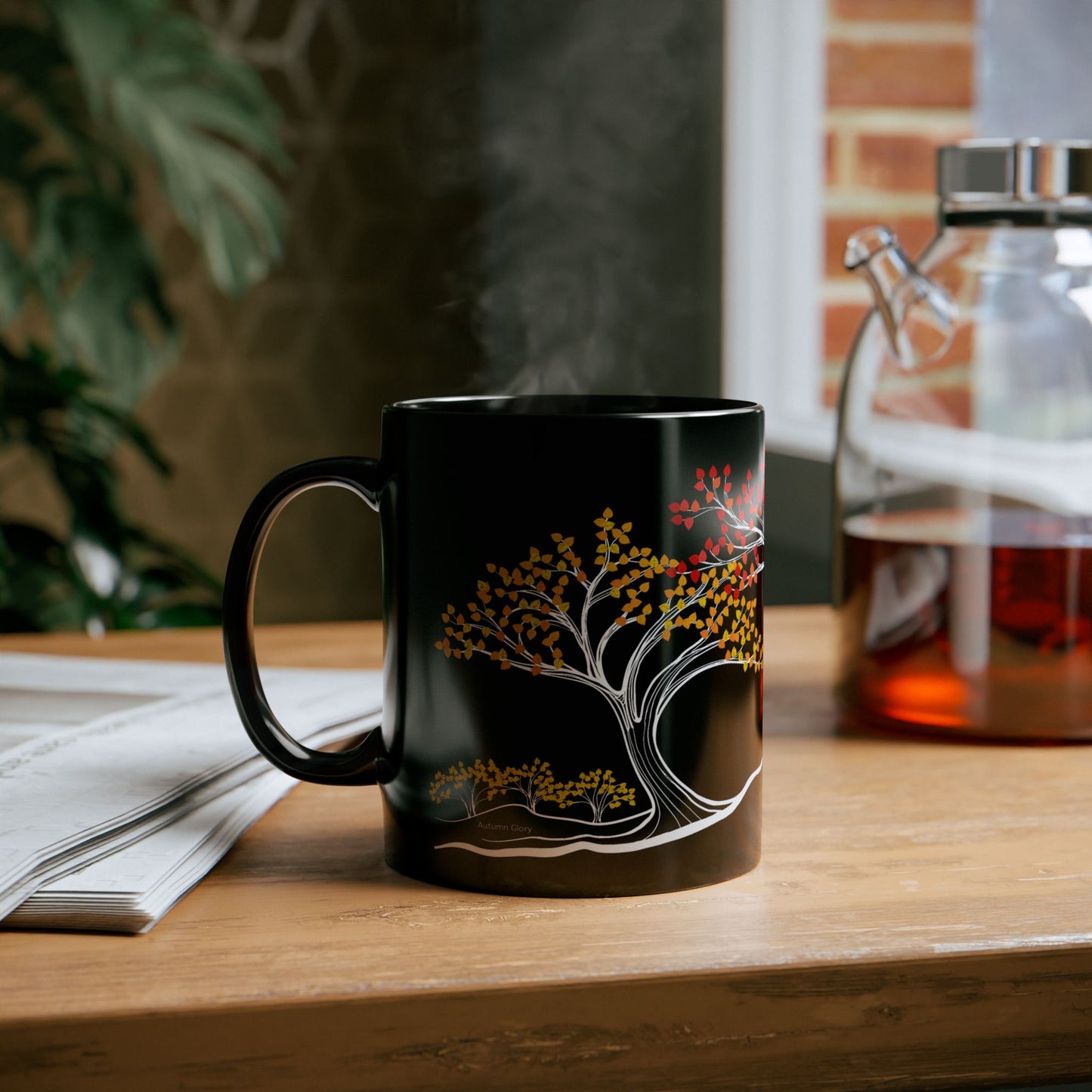 “Autumn Glory”, IMAGINE™ Series, Hand-Drawn Art Print, Black Ceramic Mug—3 of 4 Seasons Collection—15 oz or 11 oz