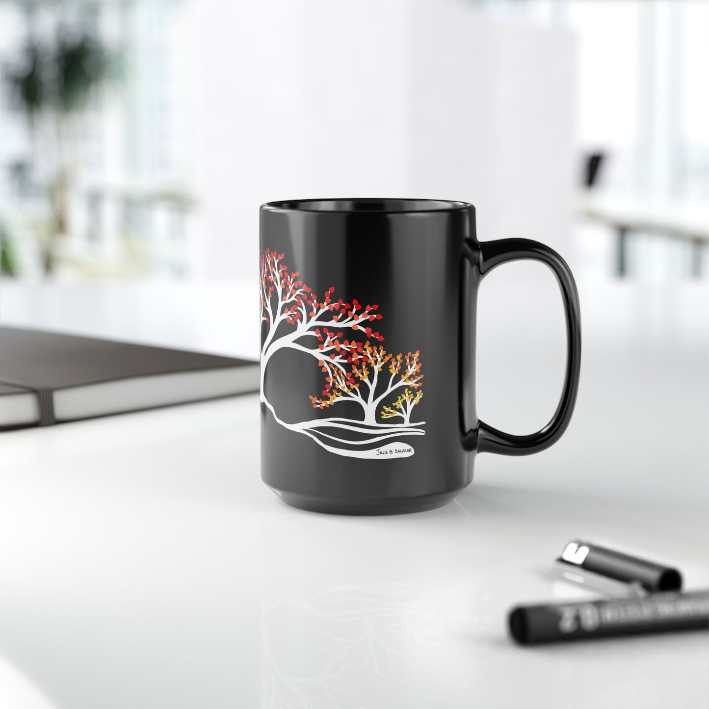 “Autumn Glory”, IMAGINE™ Series, Hand-Drawn Art Print, Black Ceramic Mug—3 of 4 Seasons Collection—15 oz or 11 oz