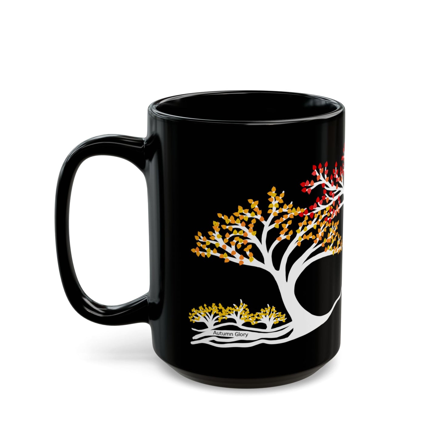 “Autumn Glory”, IMAGINE™ Series, Hand-Drawn Art Print, Black Ceramic Mug—3 of 4 Seasons Collection—15 oz or 11 oz