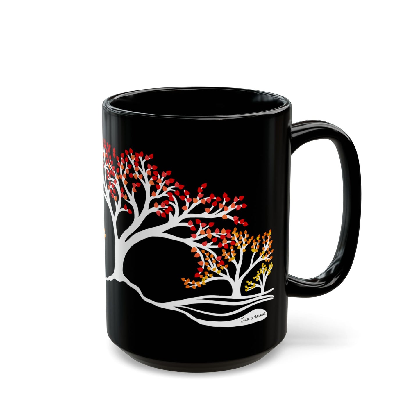 “Autumn Glory”, IMAGINE™ Series, Hand-Drawn Art Print, Black Ceramic Mug—3 of 4 Seasons Collection—15 oz or 11 oz