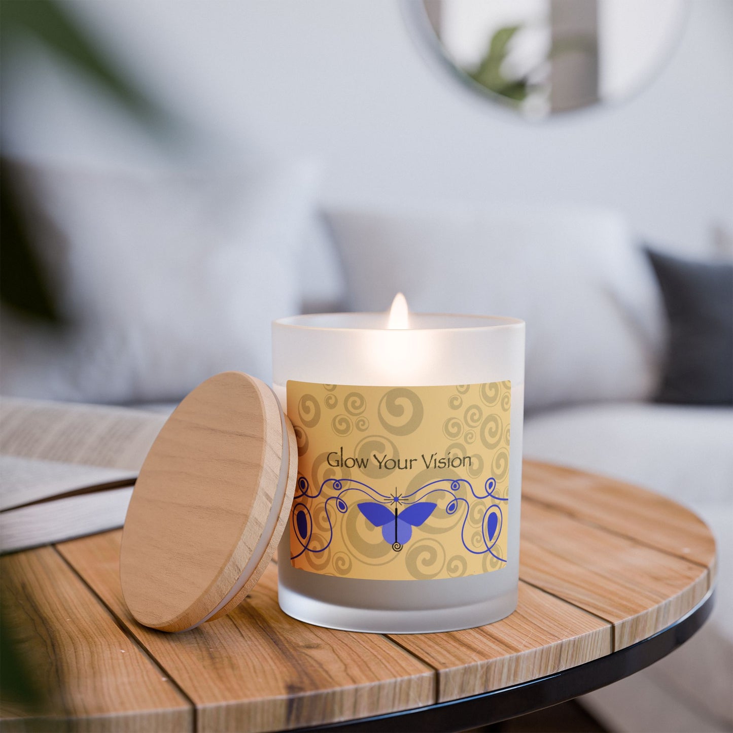 IMAGINE™ "Butterfly and Spirals-Glow Your Vision" Candle, Frosted Glass (Hand Poured 11 oz—50-hour average burn)