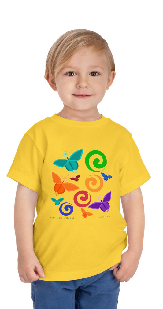 “Cosmic Butterfly Kid”, IMAGINE™ Series, Hand-Drawn Art Print, Bella+Canvas 3001T Kid’s Cotton Jersey Tee , 4 Sizes — 2T, 3T, 4T, 5T