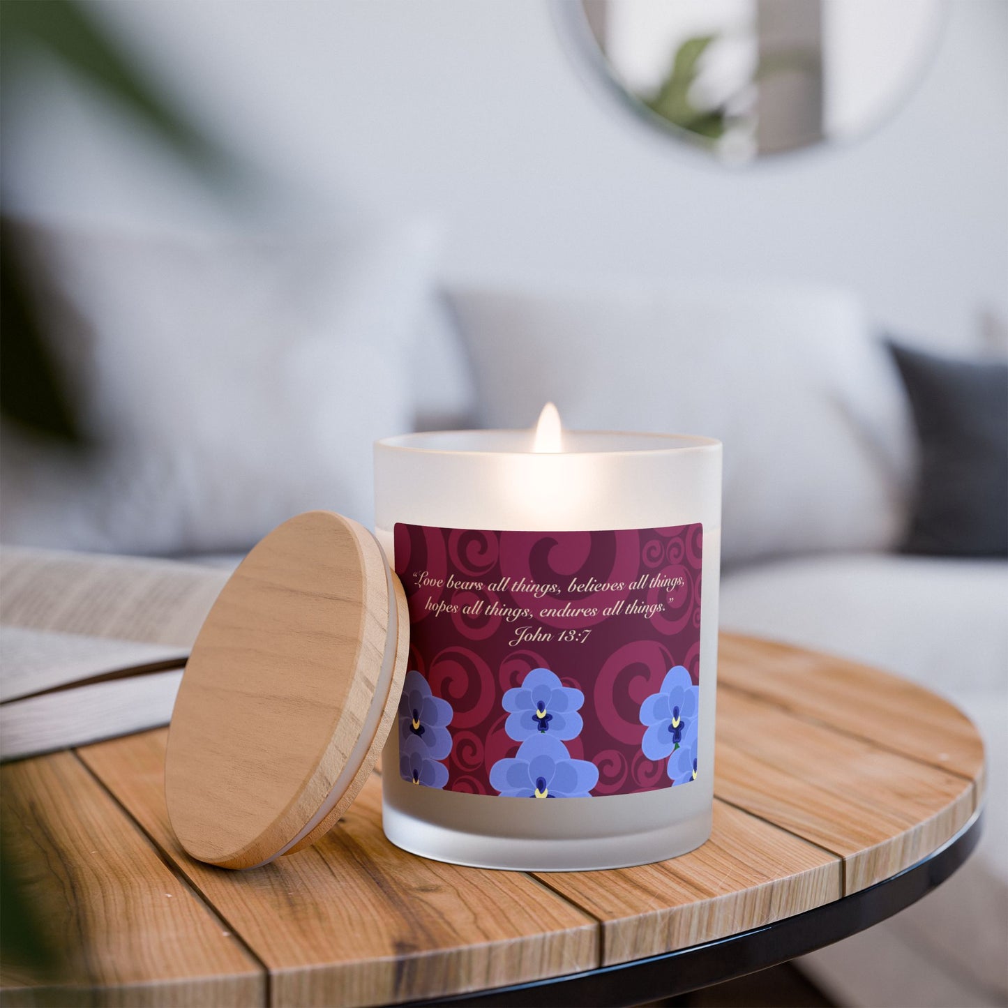 IMAGINE™ John 13:7 "Love Bears All Things... Orchids and Spirals" Candle, Frosted Glass (Hand Poured 11 oz—50-hour average burn)