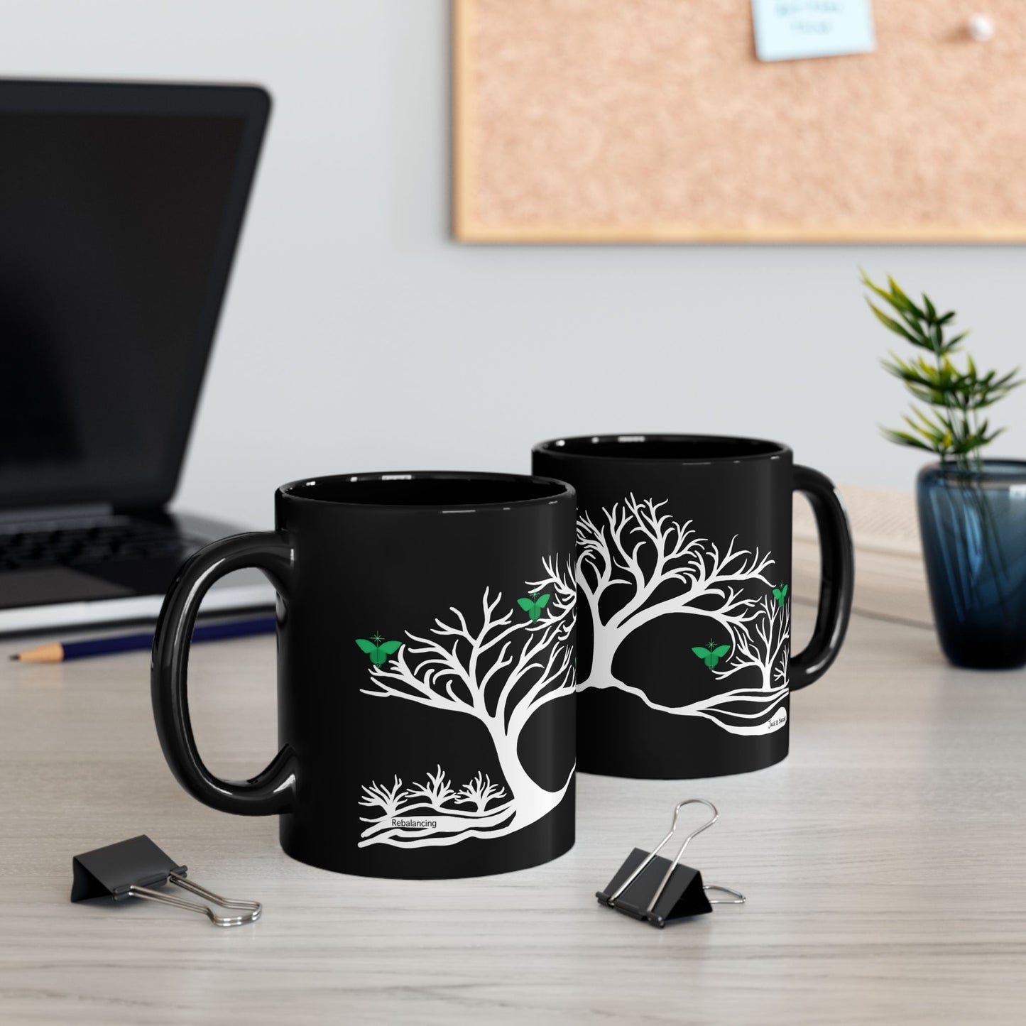 "Rebalancing", IMAGINE™ Series, Hand-Drawn Art Print, Black Ceramic Mug—4 of 7 Butterfly Graces Collection—15 oz or 11 oz