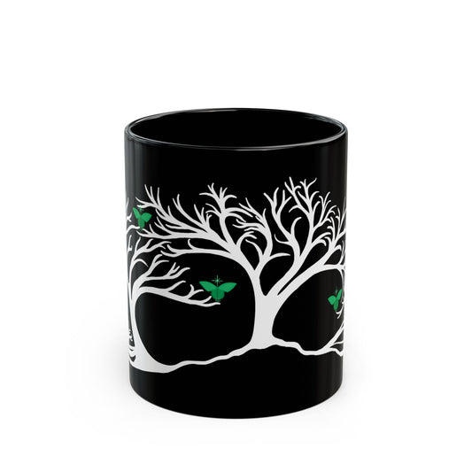 "Rebalancing", IMAGINE™ Series, Hand-Drawn Art Print, Black Ceramic Mug—4 of 7 Butterfly Graces Collection—15 oz or 11 oz
