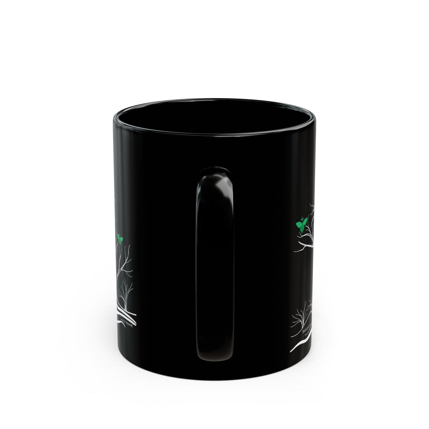 "Rebalancing", IMAGINE™ Series, Hand-Drawn Art Print, Black Ceramic Mug—4 of 7 Butterfly Graces Collection—15 oz or 11 oz