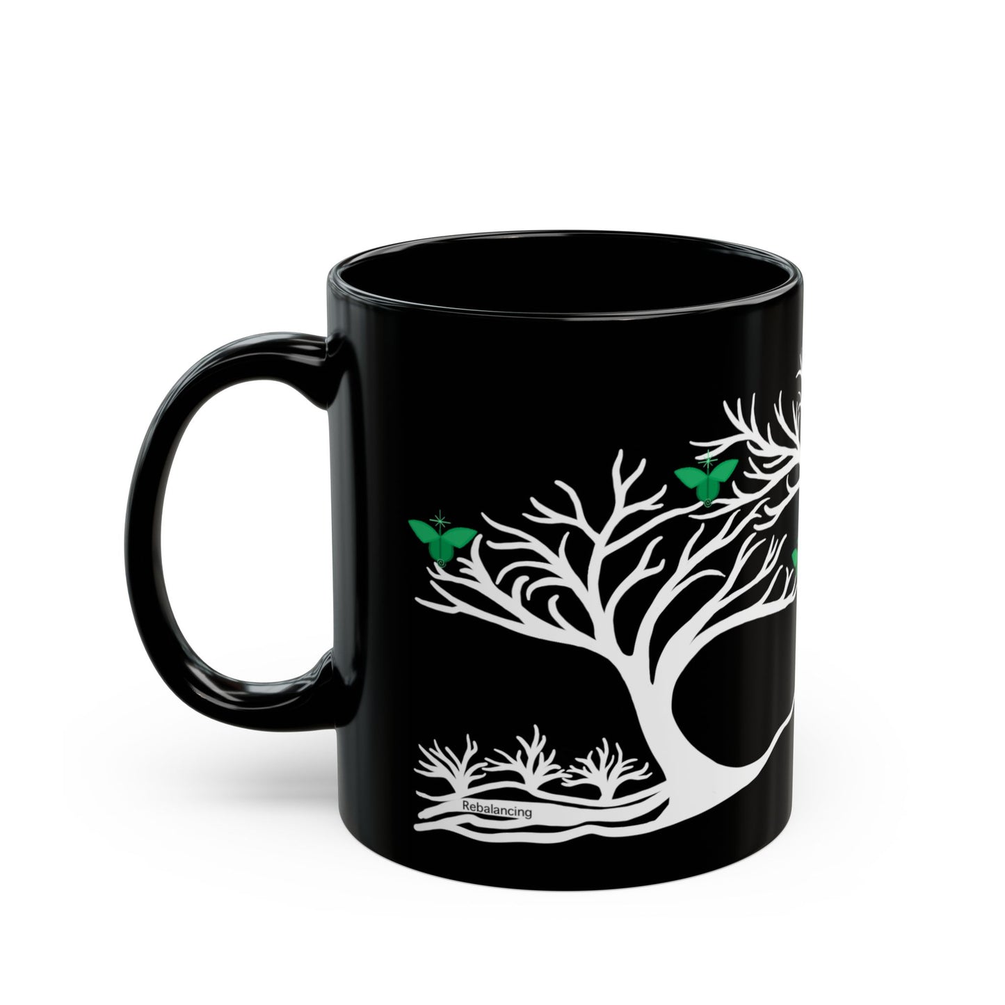 "Rebalancing", IMAGINE™ Series, Hand-Drawn Art Print, Black Ceramic Mug—4 of 7 Butterfly Graces Collection—15 oz or 11 oz