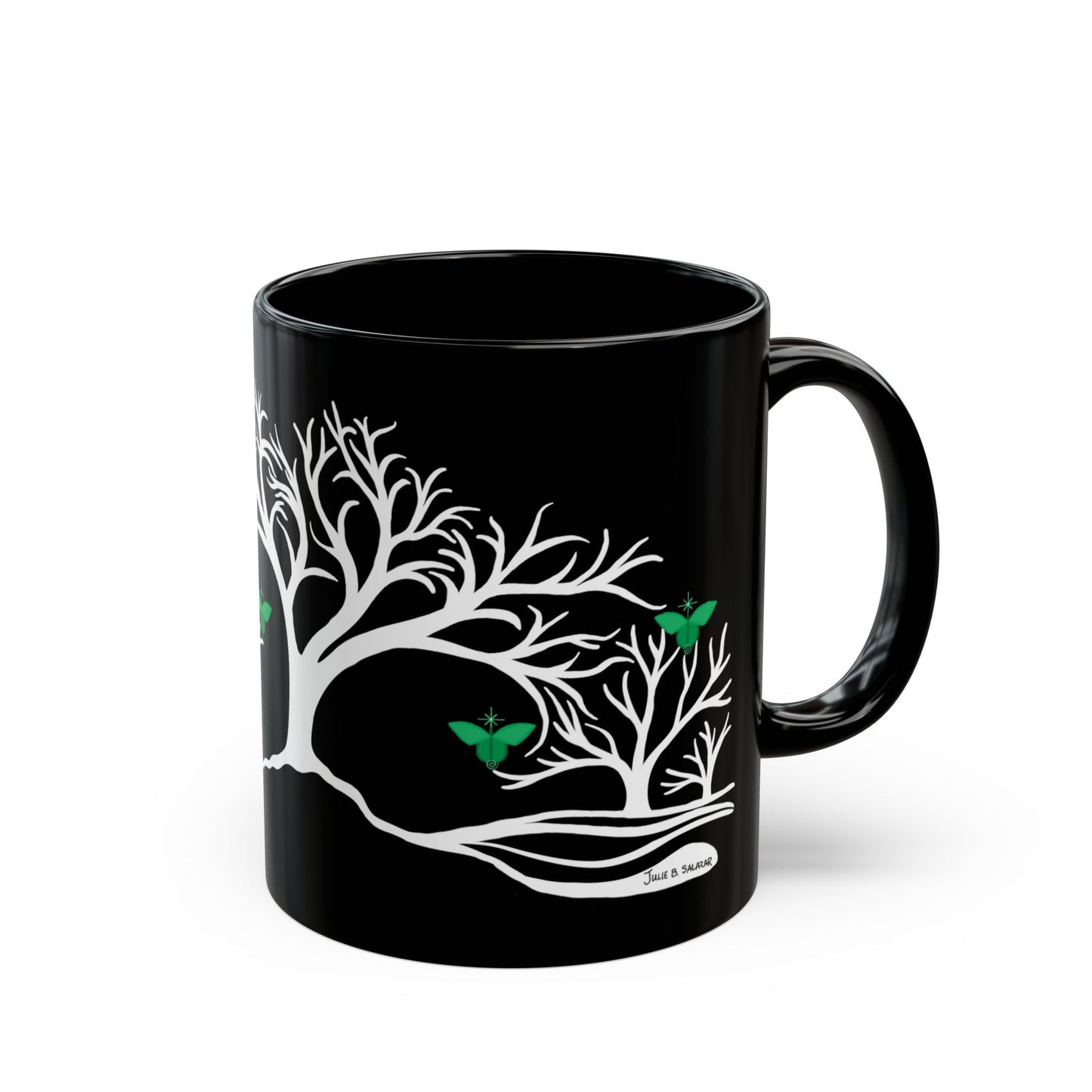 "Rebalancing", IMAGINE™ Series, Hand-Drawn Art Print, Black Ceramic Mug—4 of 7 Butterfly Graces Collection—15 oz or 11 oz