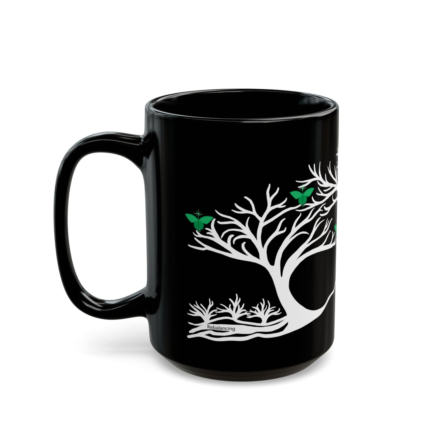 "Rebalancing", IMAGINE™ Series, Hand-Drawn Art Print, Black Ceramic Mug—4 of 7 Butterfly Graces Collection—15 oz or 11 oz