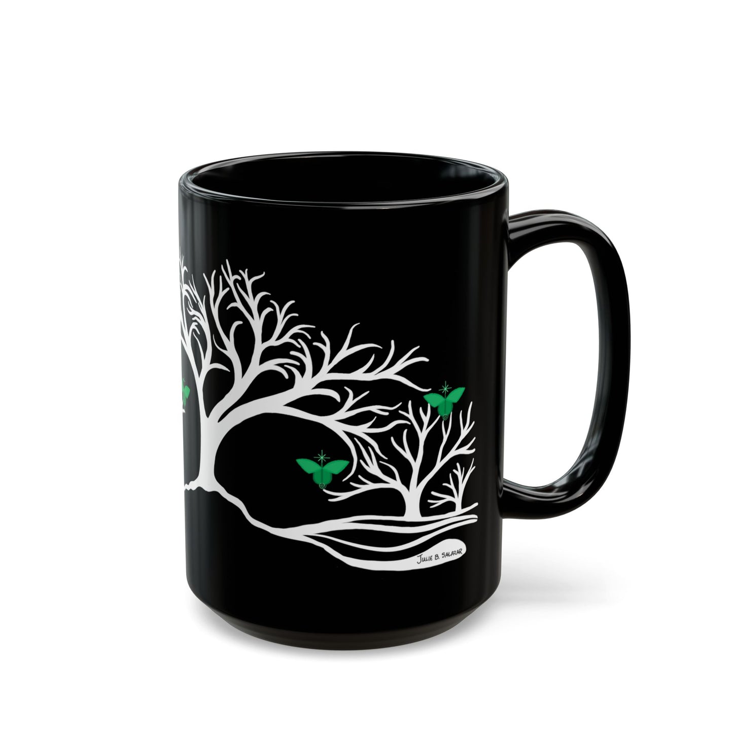 "Rebalancing", IMAGINE™ Series, Hand-Drawn Art Print, Black Ceramic Mug—4 of 7 Butterfly Graces Collection—15 oz or 11 oz