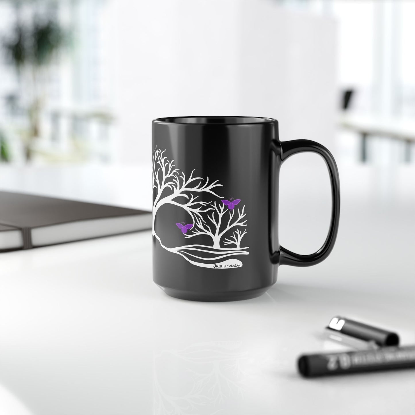 "Reimagining", IMAGINE™ Series, Hand-Drawn Art Print, Black Ceramic Mug—7 of 7 Butterfly Graces Collection—15 oz or 11 oz