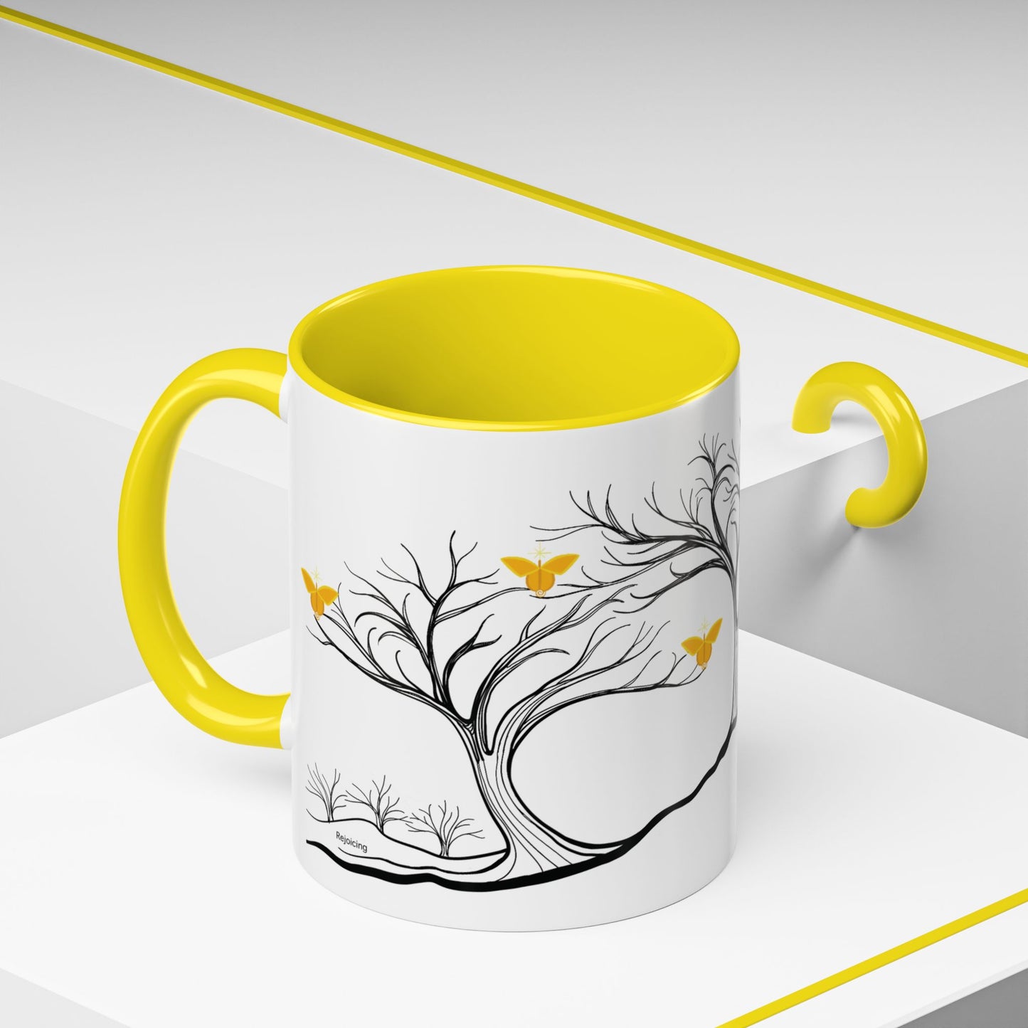 "Rejoicing", IMAGINE™ Series, Hand-Drawn Art Print, White Ceramic Accent Mug—3 of 7 Butterfly Graces Collection—15 oz or 11 oz