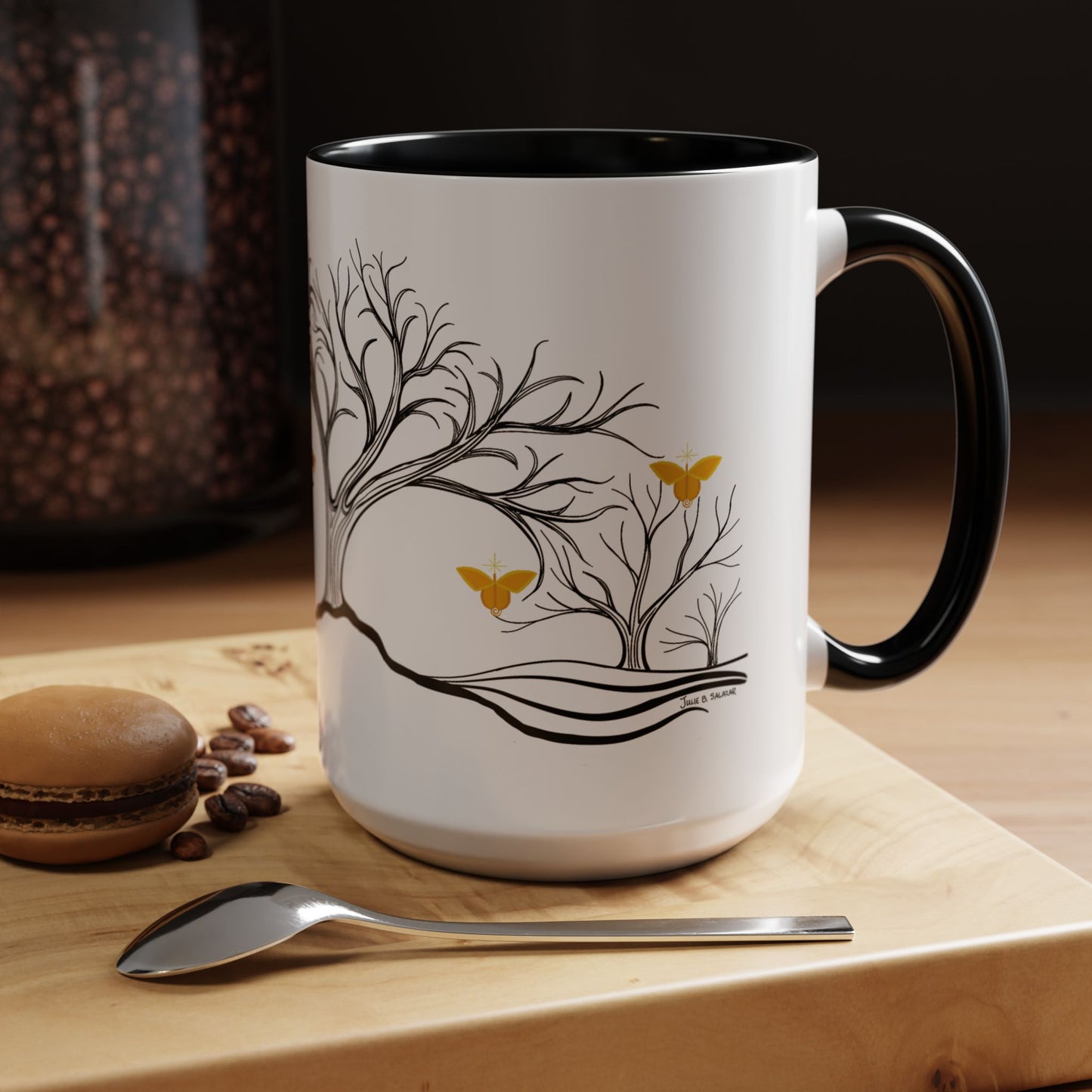 "Rejoicing", IMAGINE™ Series, Hand-Drawn Art Print, White Ceramic Accent Mug—3 of 7 Butterfly Graces Collection—15 oz or 11 oz