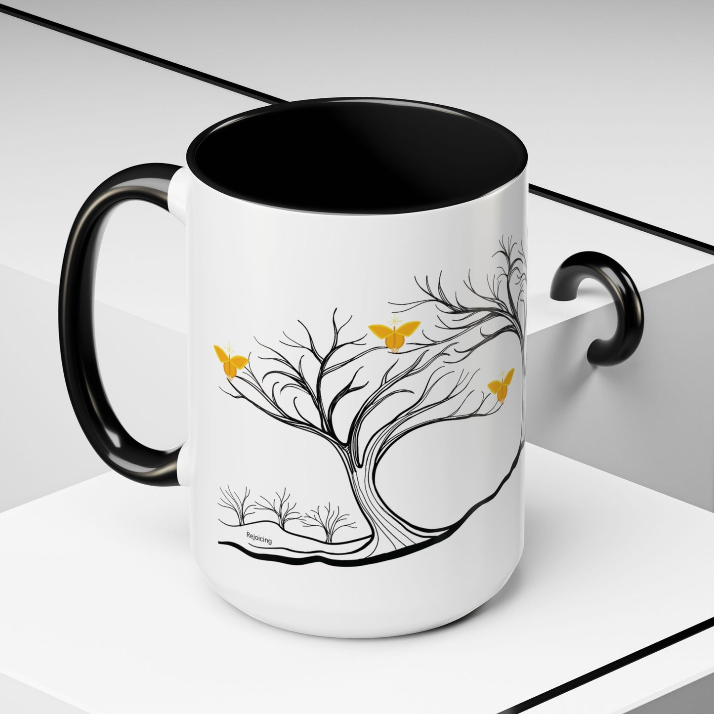 "Rejoicing", IMAGINE™ Series, Hand-Drawn Art Print, White Ceramic Accent Mug—3 of 7 Butterfly Graces Collection—15 oz or 11 oz