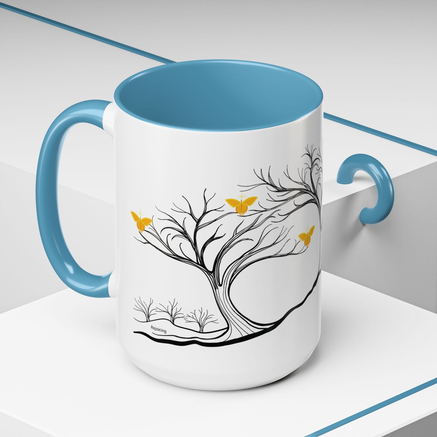 "Rejoicing", IMAGINE™ Series, Hand-Drawn Art Print, White Ceramic Accent Mug—3 of 7 Butterfly Graces Collection—15 oz or 11 oz