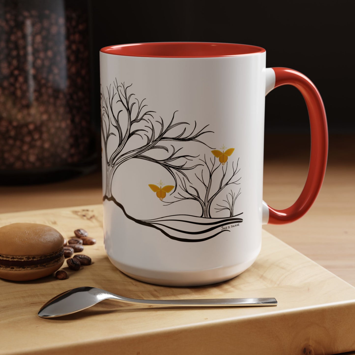 "Rejoicing", IMAGINE™ Series, Hand-Drawn Art Print, White Ceramic Accent Mug—3 of 7 Butterfly Graces Collection—15 oz or 11 oz