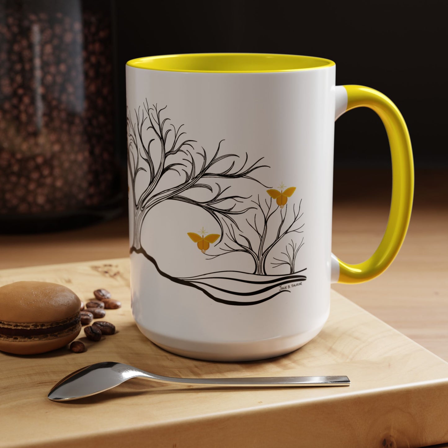 "Rejoicing", IMAGINE™ Series, Hand-Drawn Art Print, White Ceramic Accent Mug—3 of 7 Butterfly Graces Collection—15 oz or 11 oz
