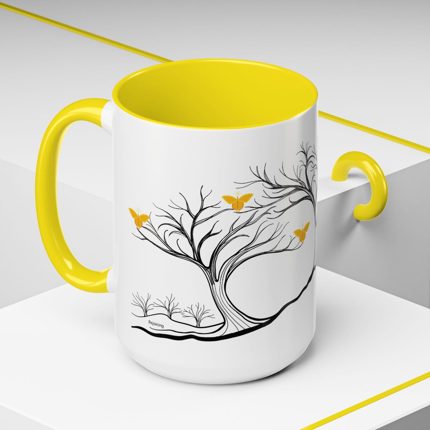 "Rejoicing", IMAGINE™ Series, Hand-Drawn Art Print, White Ceramic Accent Mug—3 of 7 Butterfly Graces Collection—15 oz or 11 oz
