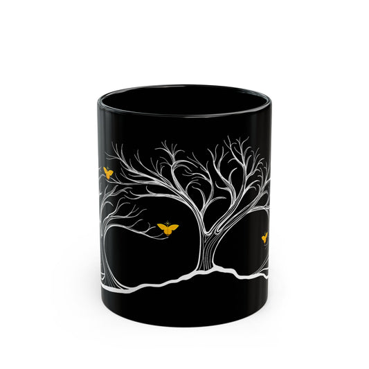 "Rejoicing", IMAGINE™ Series, Hand-Drawn Art Print, Black Ceramic Mug—3 of 7 Butterfly Graces Collection—15 oz or 11 oz