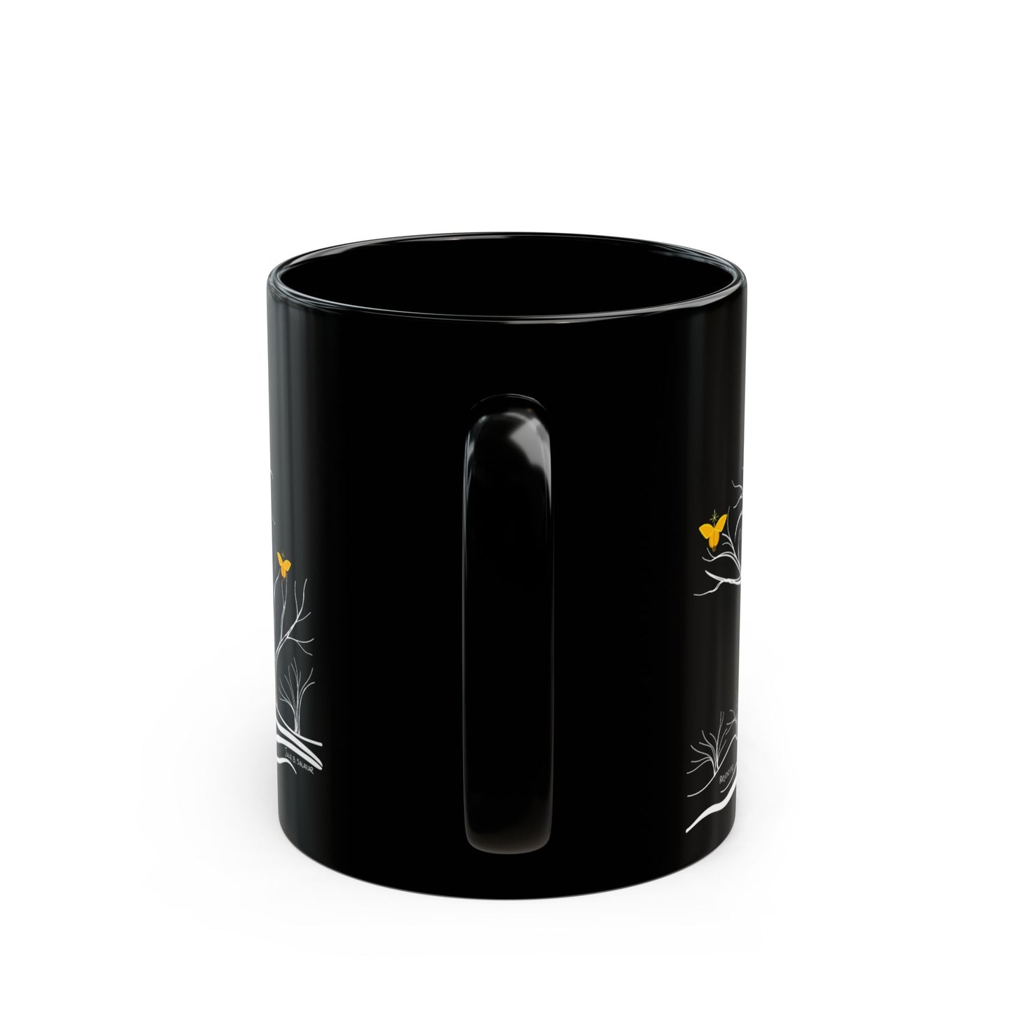 "Rejoicing", IMAGINE™ Series, Hand-Drawn Art Print, Black Ceramic Mug—3 of 7 Butterfly Graces Collection—15 oz or 11 oz