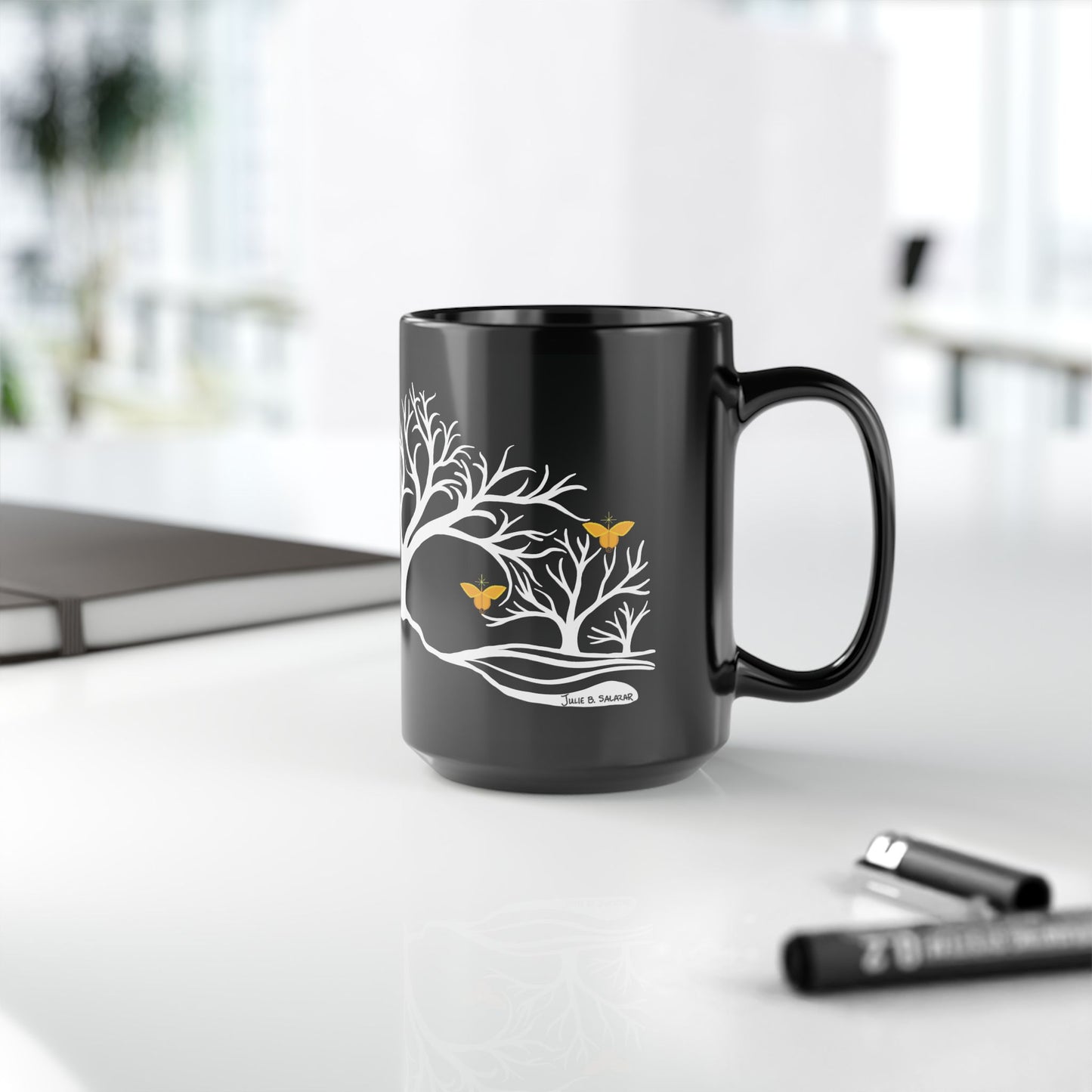"Rejoicing", IMAGINE™ Series, Hand-Drawn Art Print, Black Ceramic Mug—3 of 7 Butterfly Graces Collection—15 oz or 11 oz