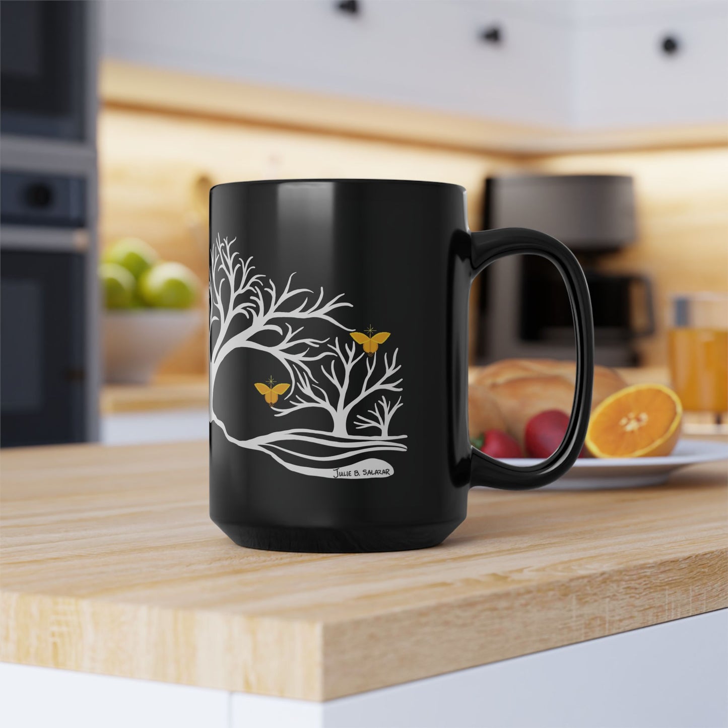 "Rejoicing", IMAGINE™ Series, Hand-Drawn Art Print, Black Ceramic Mug—3 of 7 Butterfly Graces Collection—15 oz or 11 oz