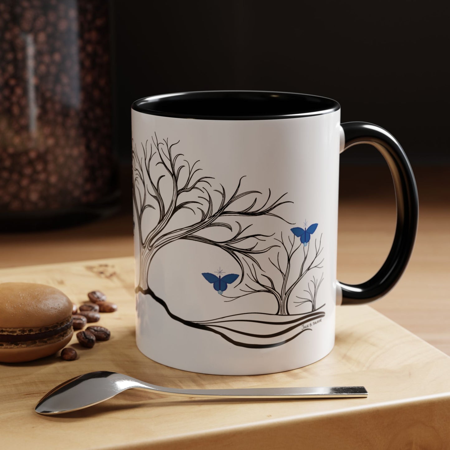 "Relaxing", IMAGINE™ Series, Hand-Drawn Art Print, White Ceramic Accent Mug—6 of 7 Butterfly Graces Collection—15 oz or 11 oz