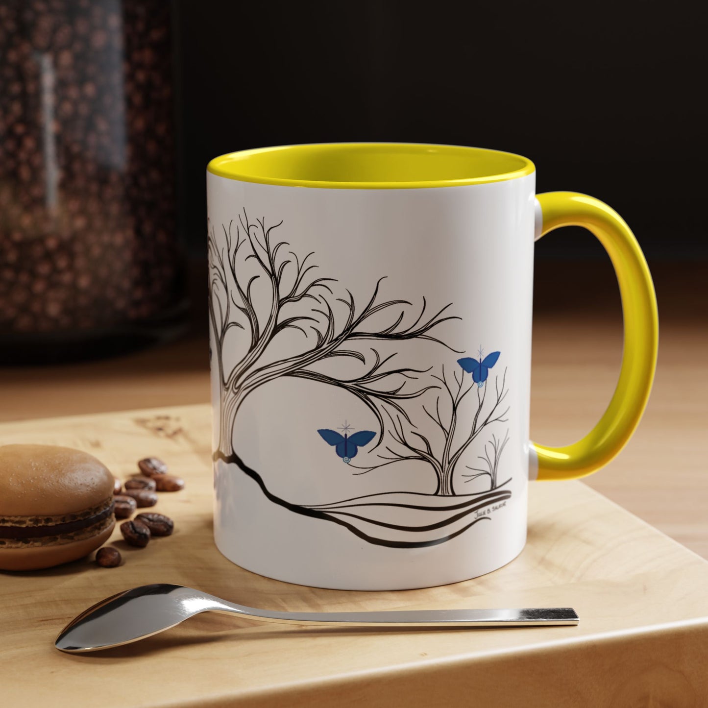 "Relaxing", IMAGINE™ Series, Hand-Drawn Art Print, White Ceramic Accent Mug—6 of 7 Butterfly Graces Collection—15 oz or 11 oz