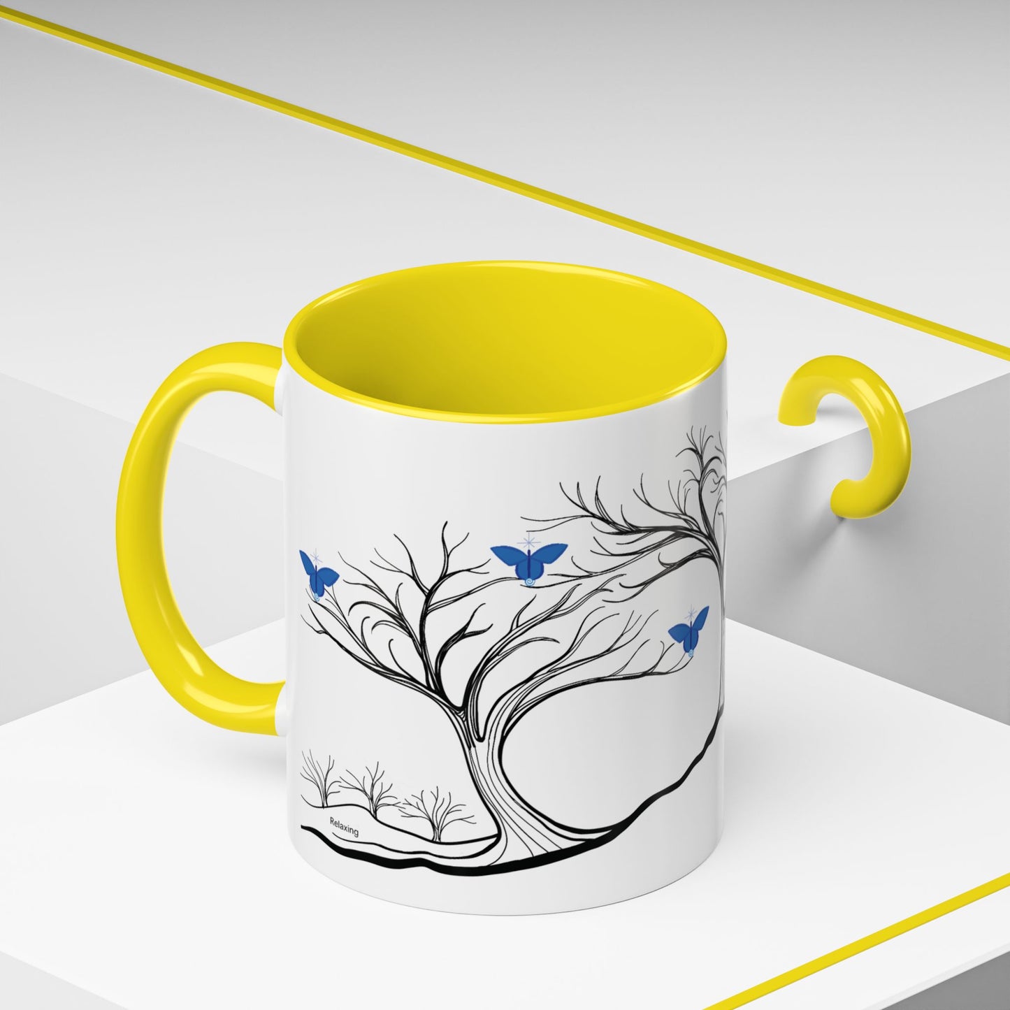 "Relaxing", IMAGINE™ Series, Hand-Drawn Art Print, White Ceramic Accent Mug—6 of 7 Butterfly Graces Collection—15 oz or 11 oz