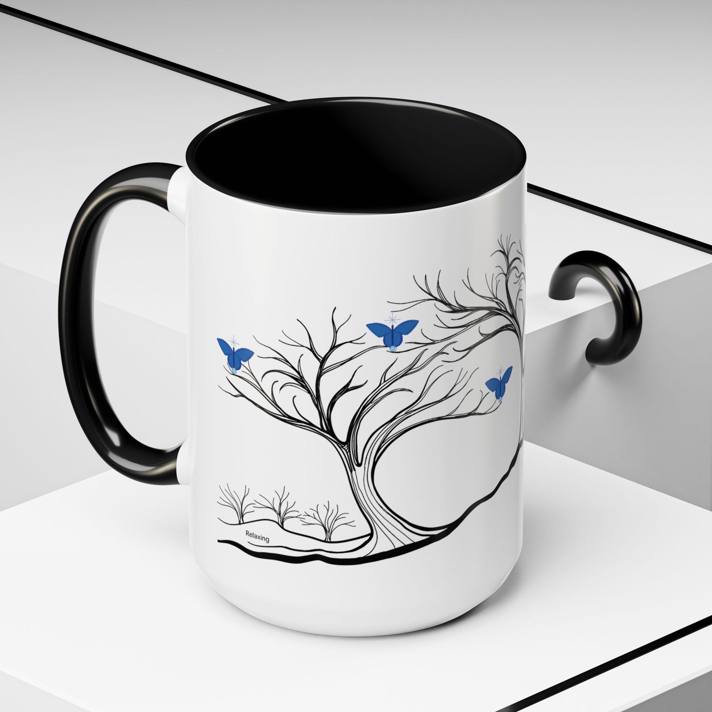 "Relaxing", IMAGINE™ Series, Hand-Drawn Art Print, White Ceramic Accent Mug—6 of 7 Butterfly Graces Collection—15 oz or 11 oz