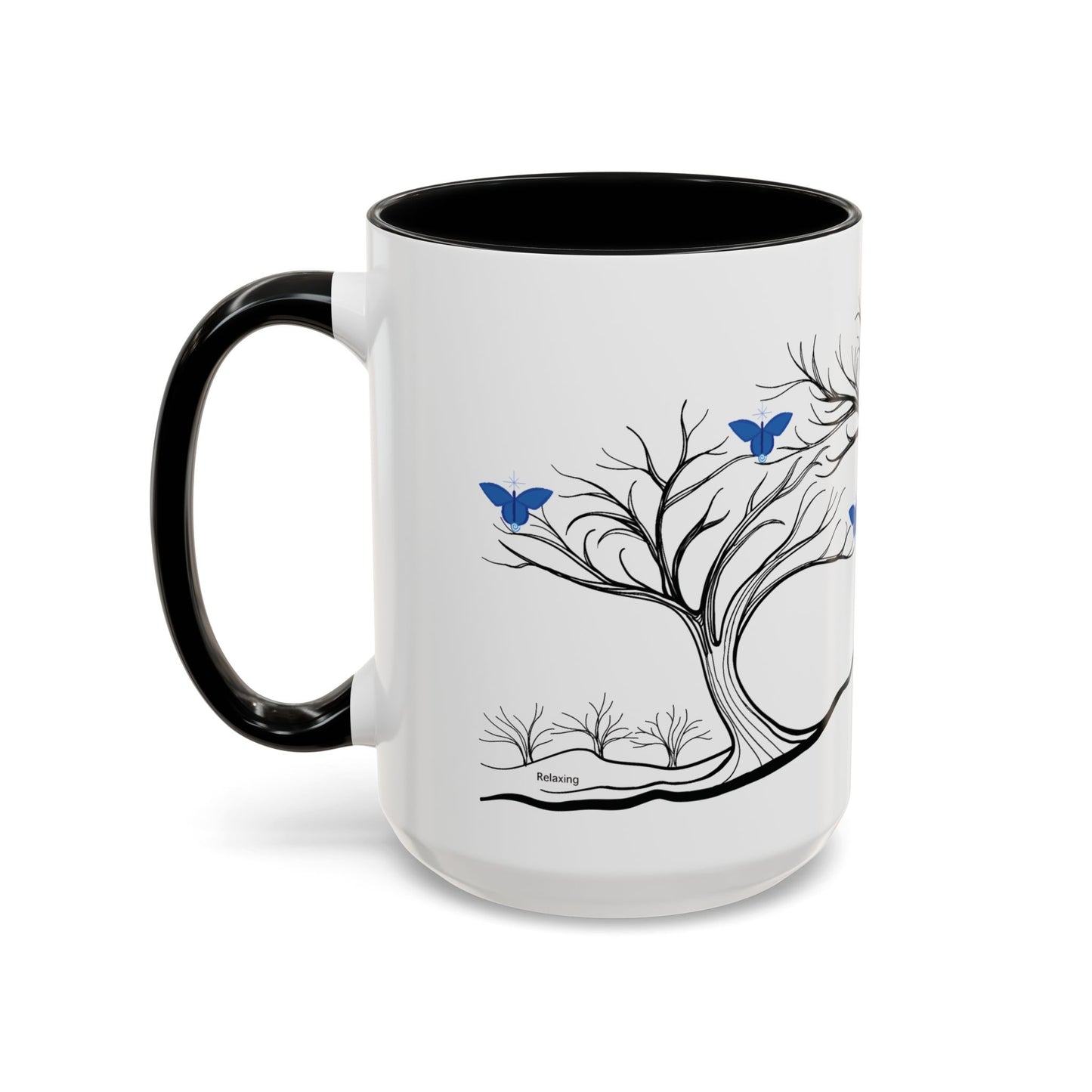 "Relaxing", IMAGINE™ Series, Hand-Drawn Art Print, White Ceramic Accent Mug—6 of 7 Butterfly Graces Collection—15 oz or 11 oz