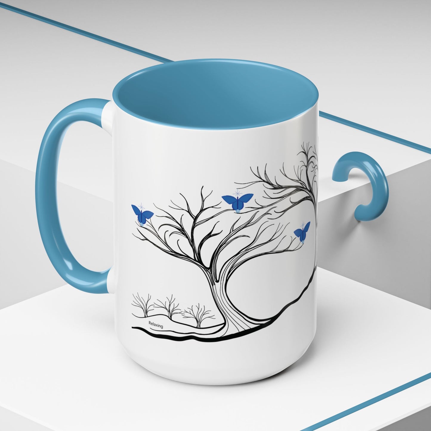 "Relaxing", IMAGINE™ Series, Hand-Drawn Art Print, White Ceramic Accent Mug—6 of 7 Butterfly Graces Collection—15 oz or 11 oz