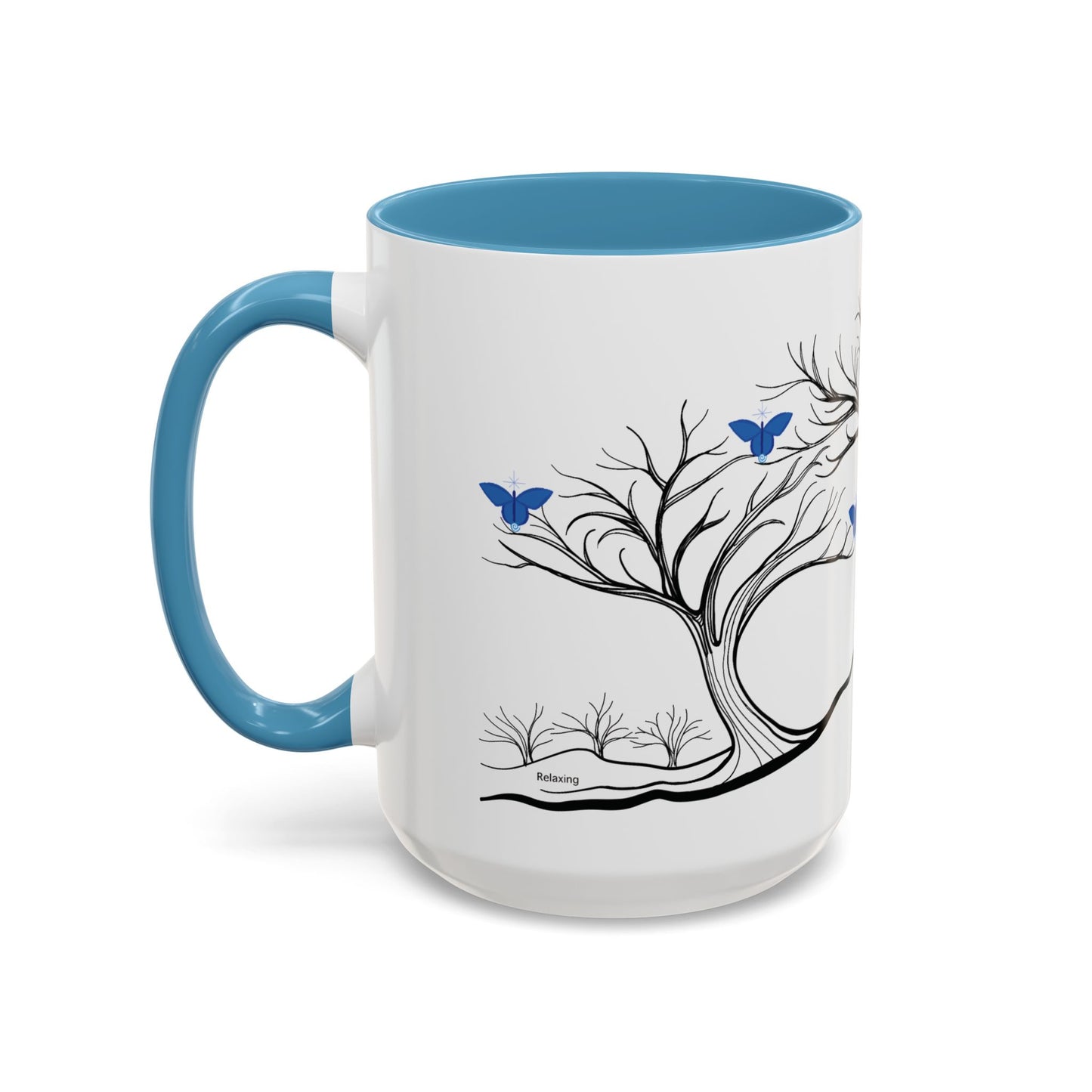 "Relaxing", IMAGINE™ Series, Hand-Drawn Art Print, White Ceramic Accent Mug—6 of 7 Butterfly Graces Collection—15 oz or 11 oz