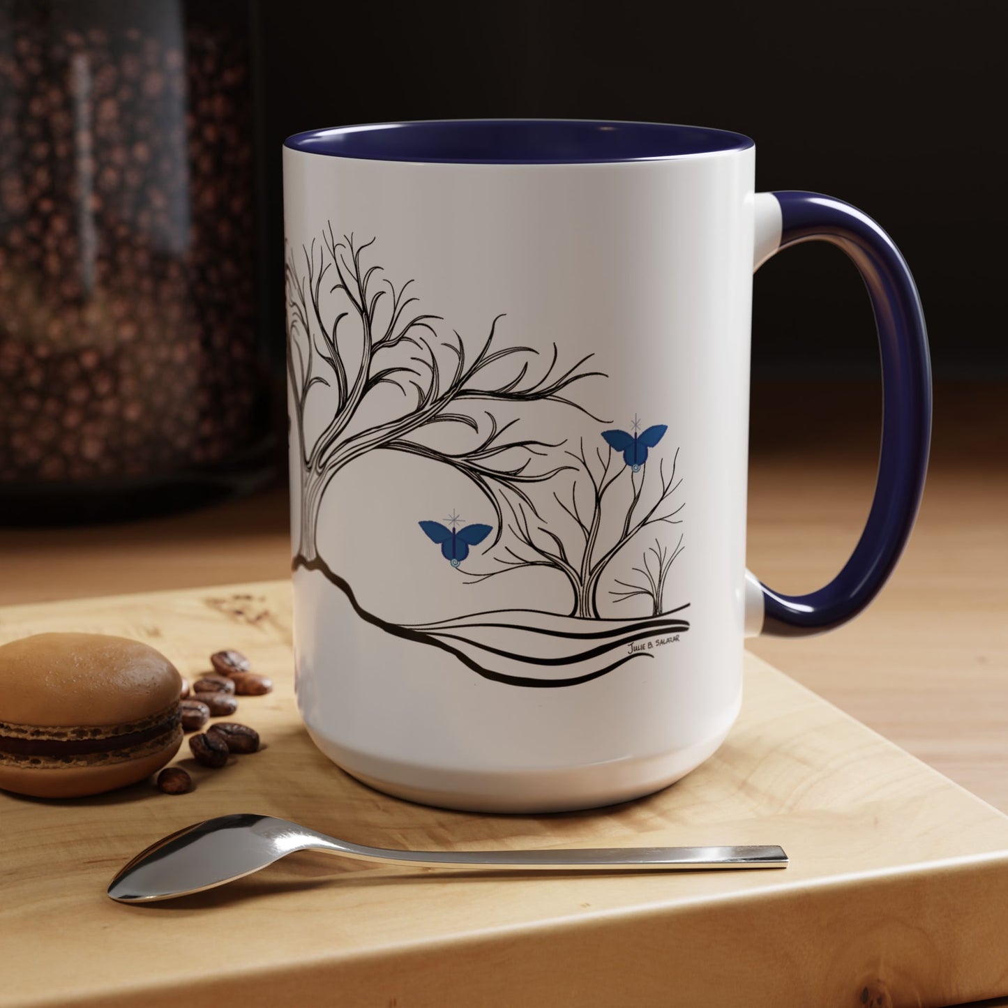 "Relaxing", IMAGINE™ Series, Hand-Drawn Art Print, White Ceramic Accent Mug—6 of 7 Butterfly Graces Collection—15 oz or 11 oz