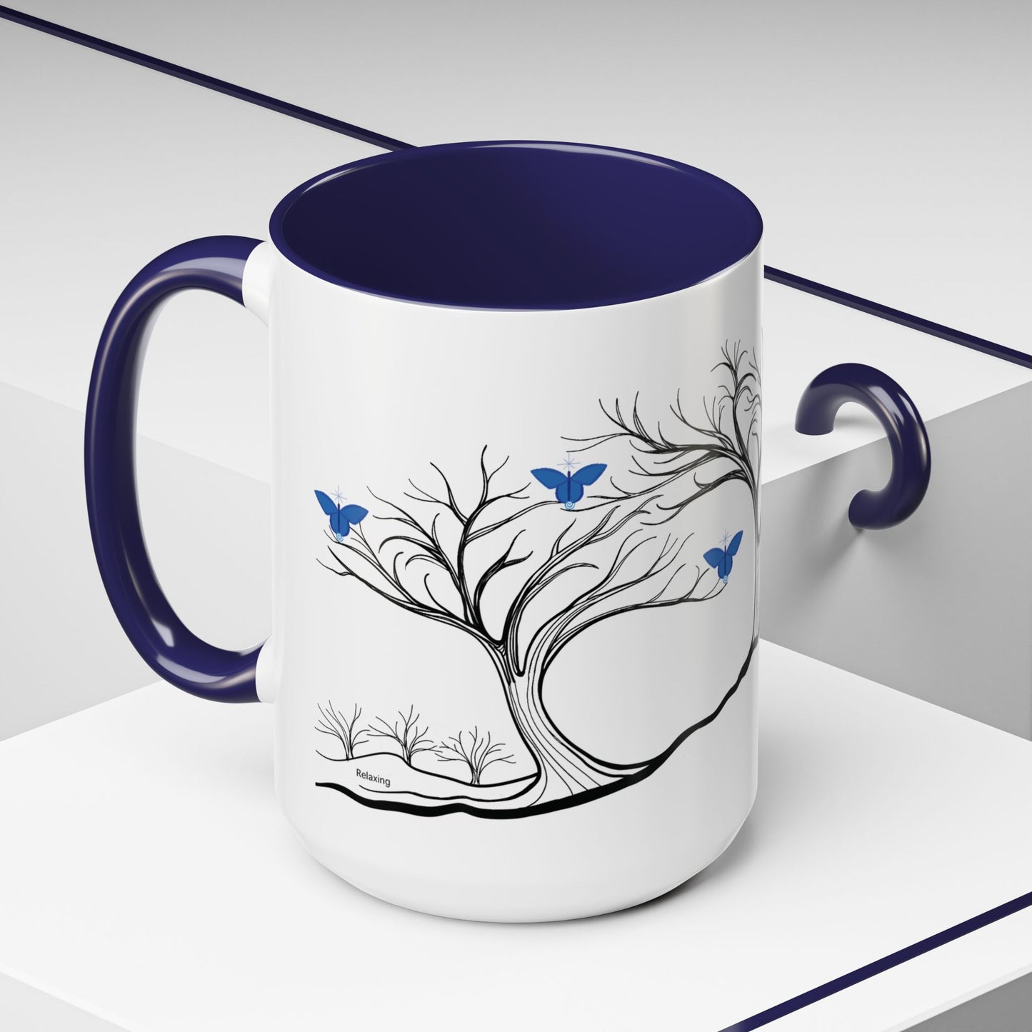 "Relaxing", IMAGINE™ Series, Hand-Drawn Art Print, White Ceramic Accent Mug—6 of 7 Butterfly Graces Collection—15 oz or 11 oz