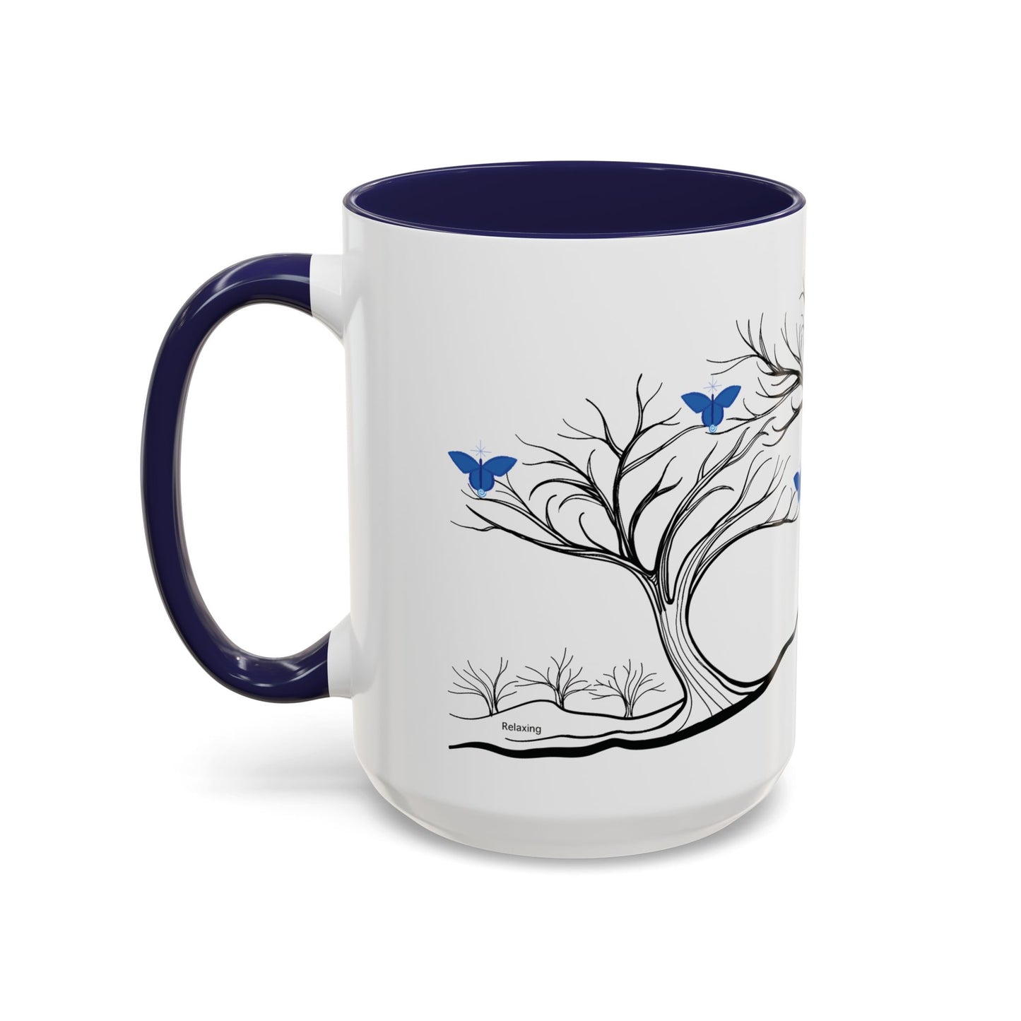 "Relaxing", IMAGINE™ Series, Hand-Drawn Art Print, White Ceramic Accent Mug—6 of 7 Butterfly Graces Collection—15 oz or 11 oz
