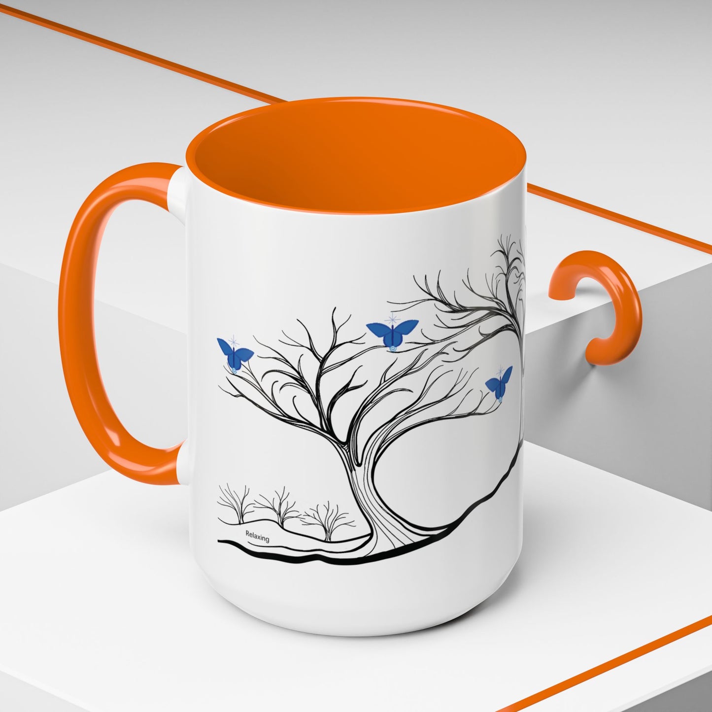 "Relaxing", IMAGINE™ Series, Hand-Drawn Art Print, White Ceramic Accent Mug—6 of 7 Butterfly Graces Collection—15 oz or 11 oz