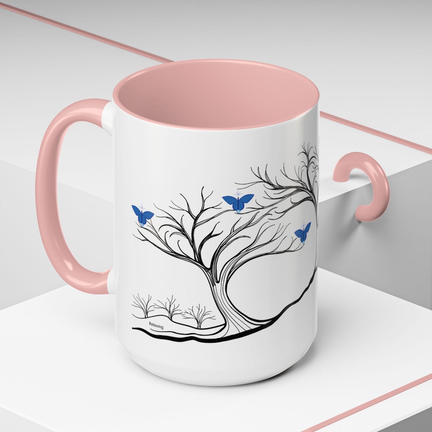 "Relaxing", IMAGINE™ Series, Hand-Drawn Art Print, White Ceramic Accent Mug—6 of 7 Butterfly Graces Collection—15 oz or 11 oz
