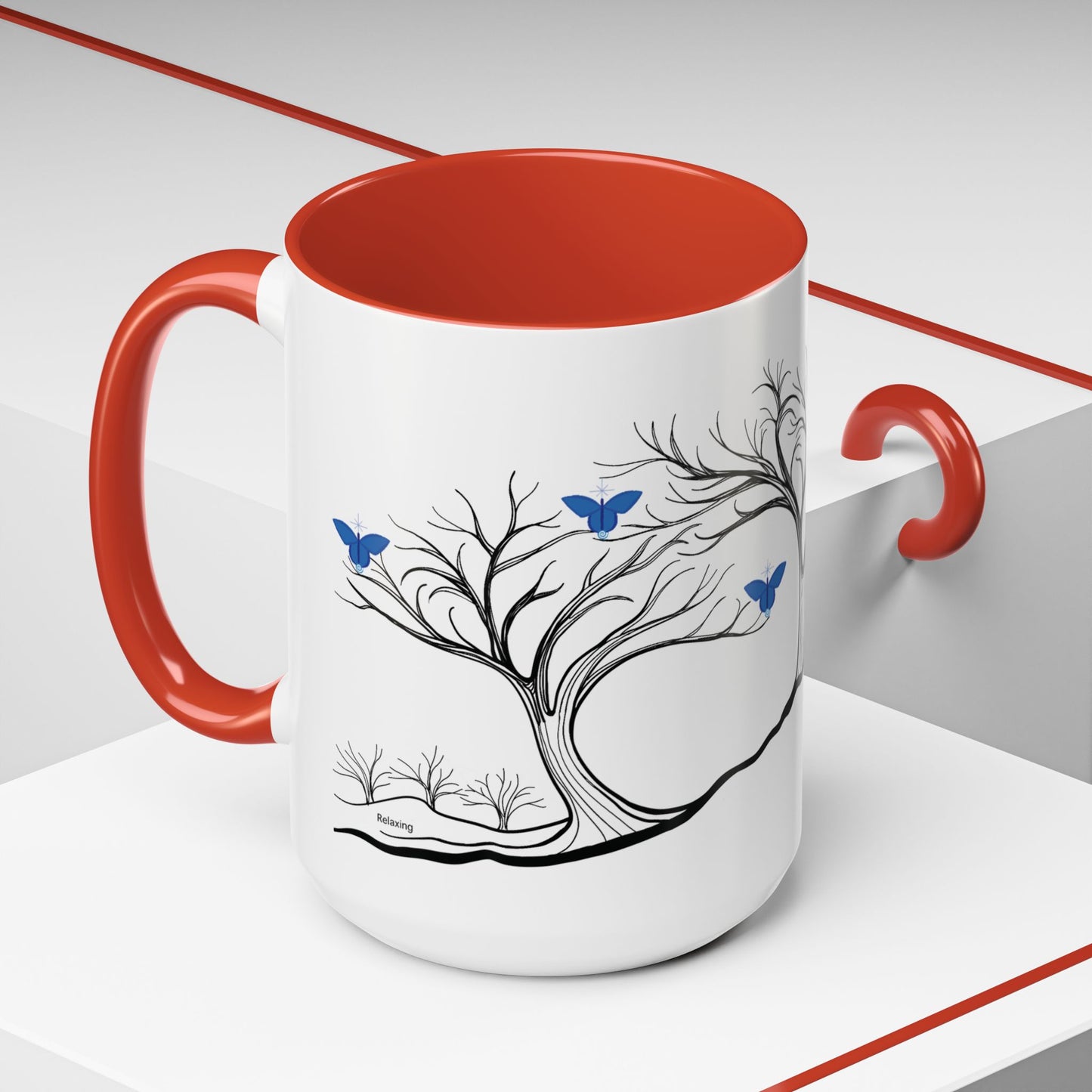 "Relaxing", IMAGINE™ Series, Hand-Drawn Art Print, White Ceramic Accent Mug—6 of 7 Butterfly Graces Collection—15 oz or 11 oz