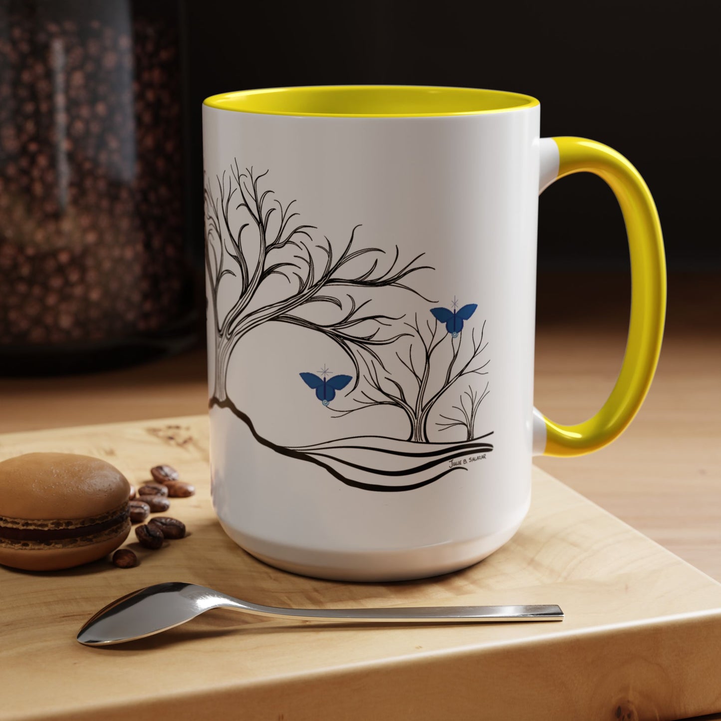 "Relaxing", IMAGINE™ Series, Hand-Drawn Art Print, White Ceramic Accent Mug—6 of 7 Butterfly Graces Collection—15 oz or 11 oz