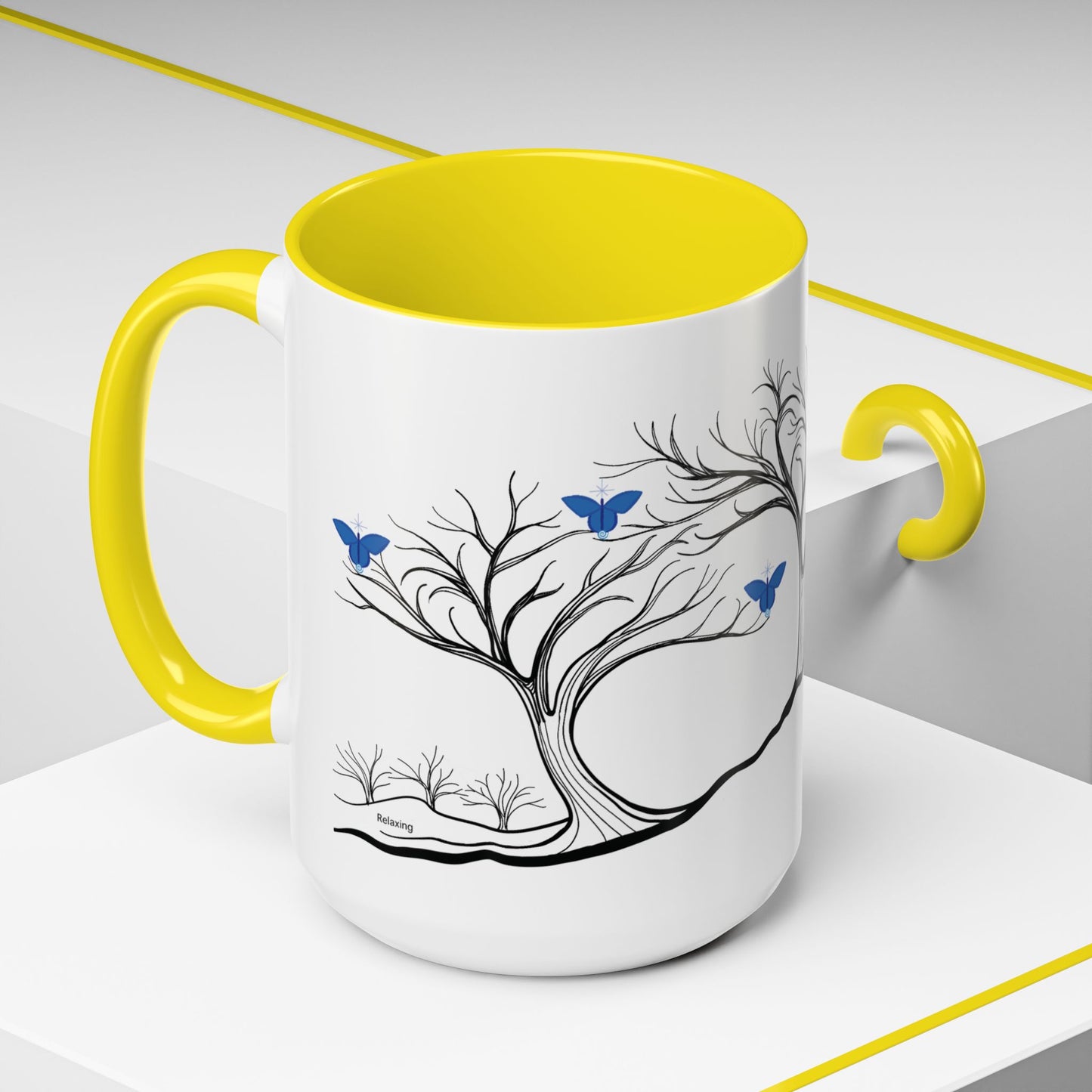 "Relaxing", IMAGINE™ Series, Hand-Drawn Art Print, White Ceramic Accent Mug—6 of 7 Butterfly Graces Collection—15 oz or 11 oz