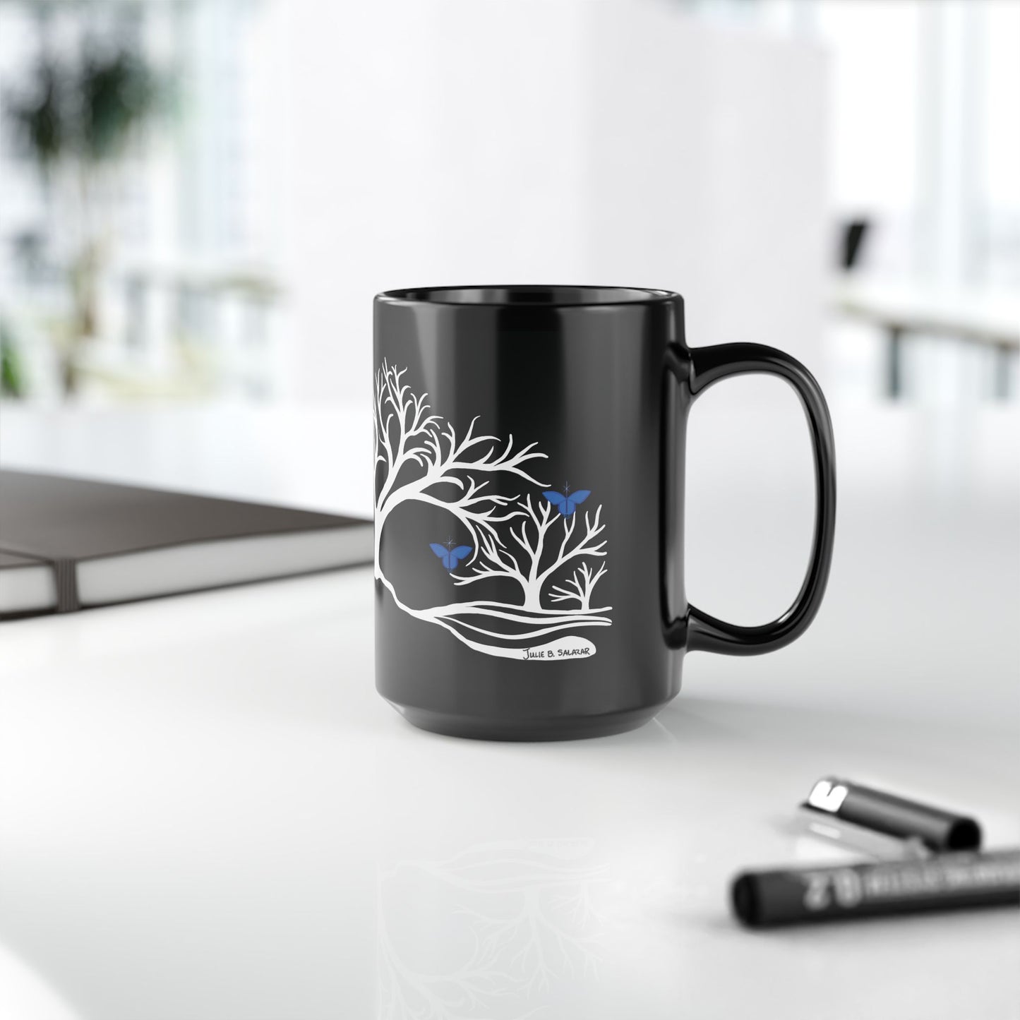"Relaxing", IMAGINE™ Series, Hand-Drawn Art Print, Black Ceramic Mug—6 of 7 Butterfly Graces Collection—15 oz or 11 oz
