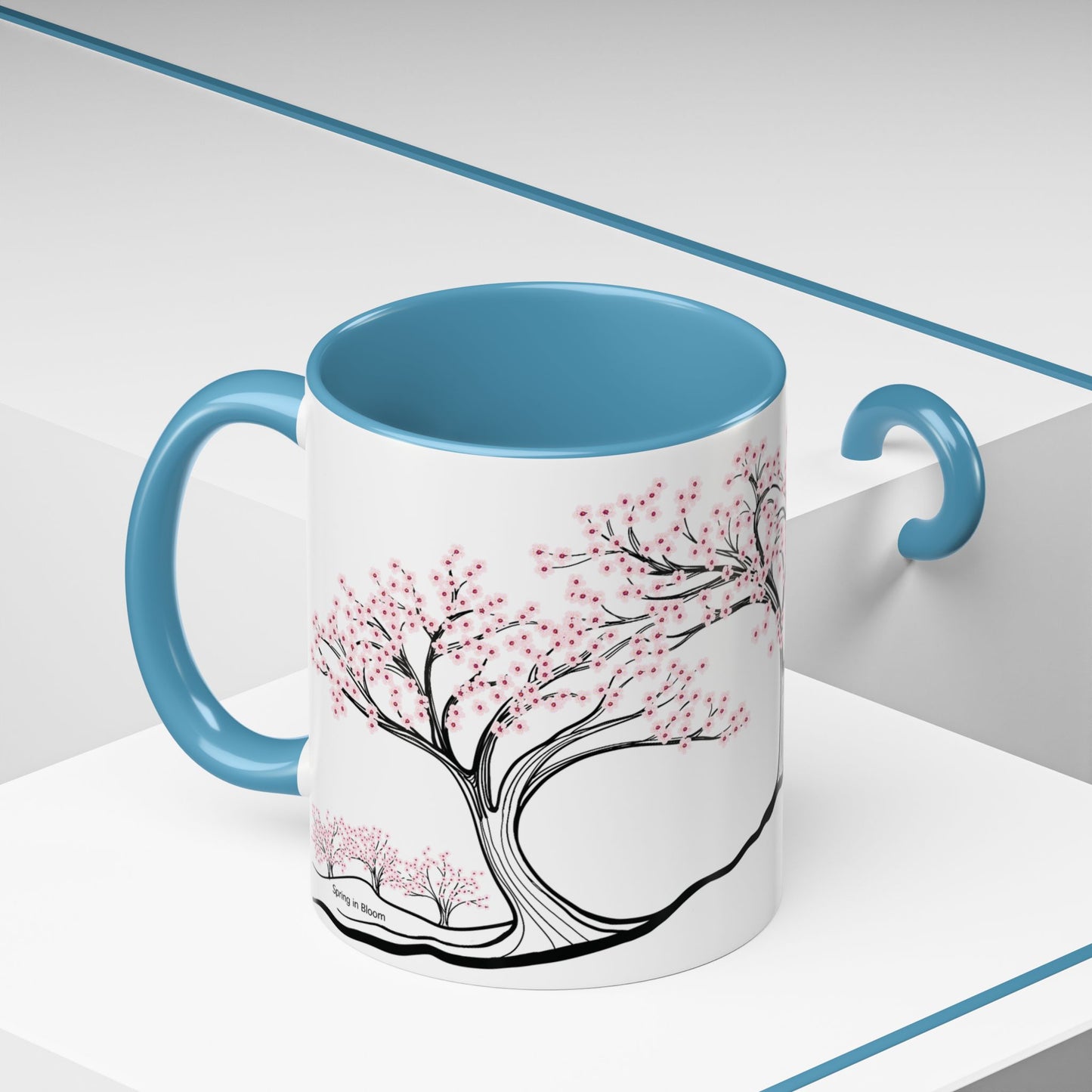 “Spring in Bloom”, IMAGINE™ Series, Hand-Drawn Art Print, White Ceramic Accent Mug—1 of 4 Seasons Collection—15 oz or 11 oz