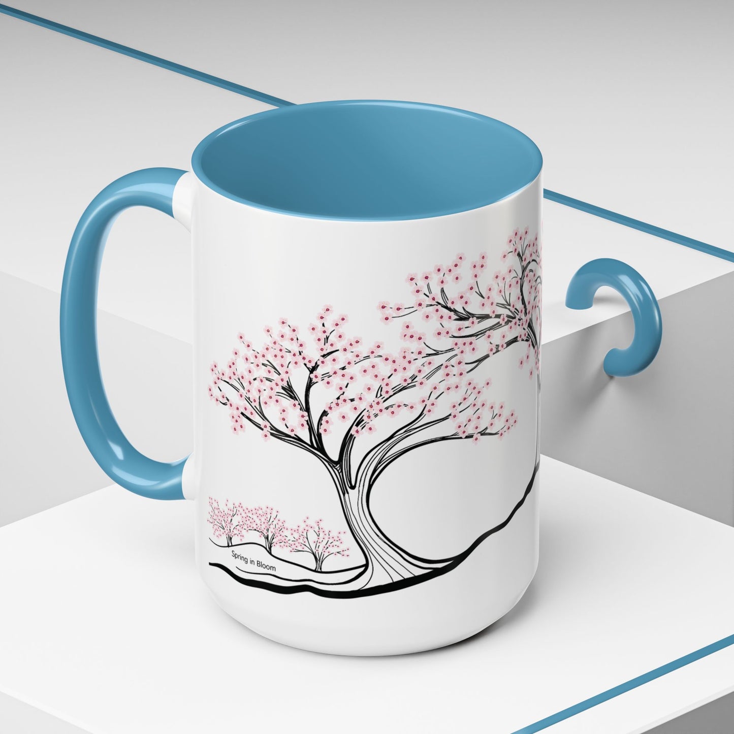 “Spring in Bloom”, IMAGINE™ Series, Hand-Drawn Art Print, White Ceramic Accent Mug—1 of 4 Seasons Collection—15 oz or 11 oz