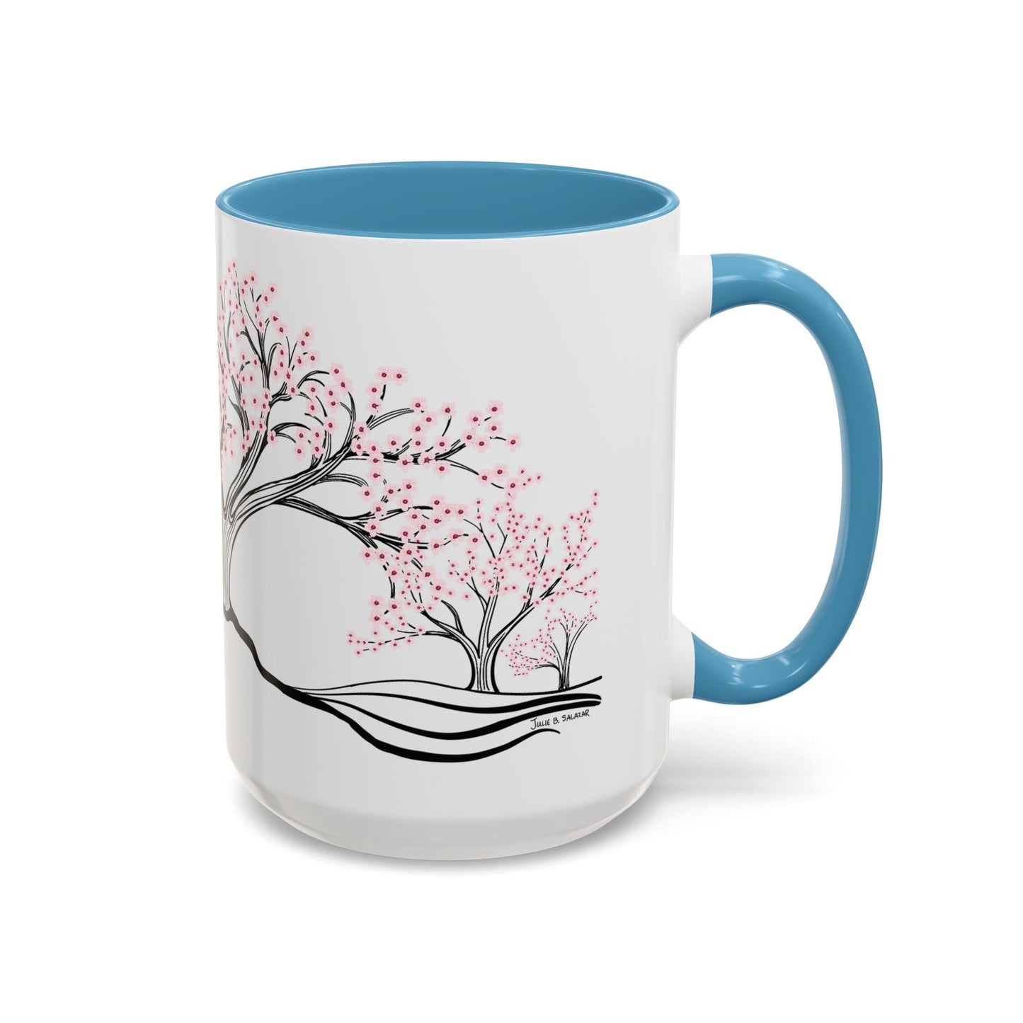“Spring in Bloom”, IMAGINE™ Series, Hand-Drawn Art Print, White Ceramic Accent Mug—1 of 4 Seasons Collection—15 oz or 11 oz