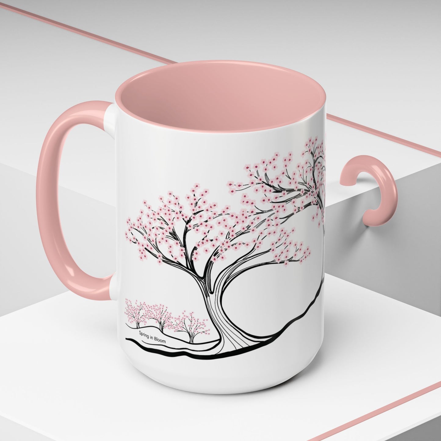 “Spring in Bloom”, IMAGINE™ Series, Hand-Drawn Art Print, White Ceramic Accent Mug—1 of 4 Seasons Collection—15 oz or 11 oz