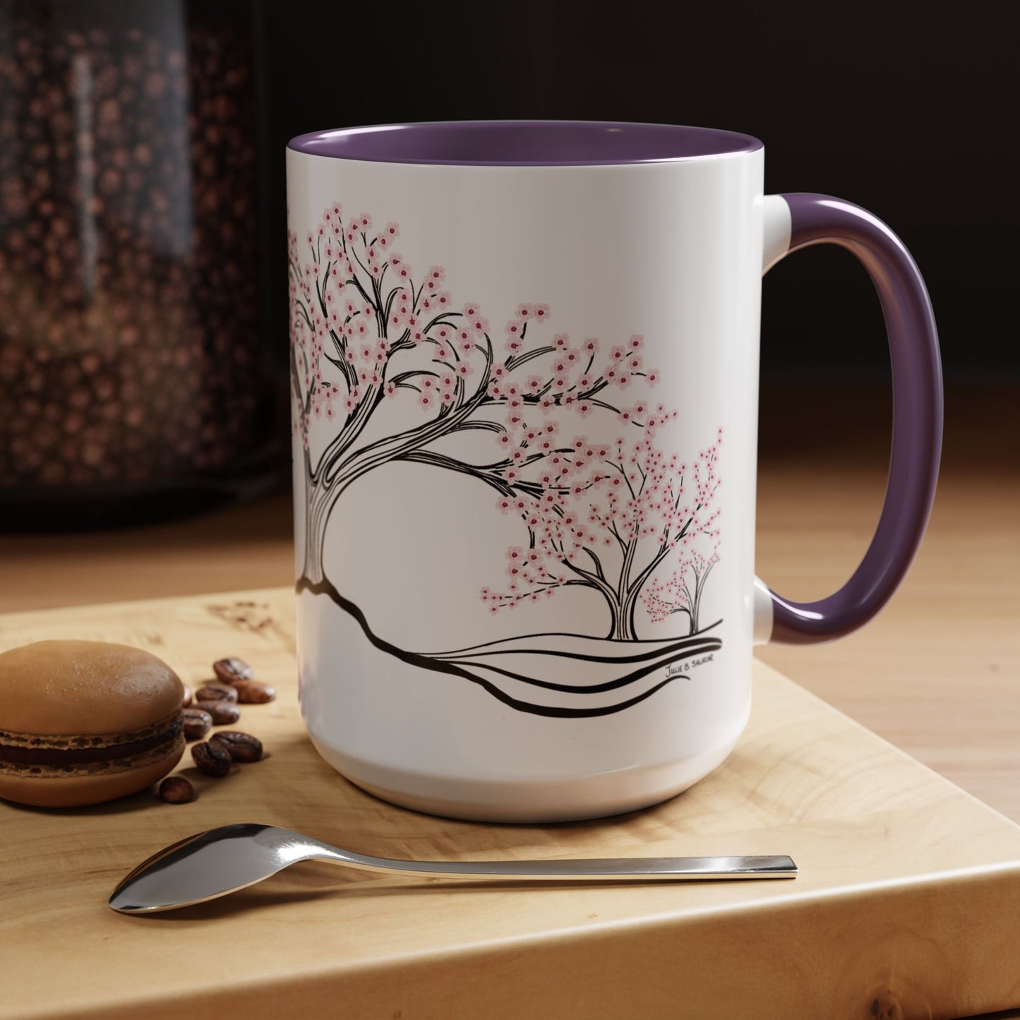 “Spring in Bloom”, IMAGINE™ Series, Hand-Drawn Art Print, White Ceramic Accent Mug—1 of 4 Seasons Collection—15 oz or 11 oz